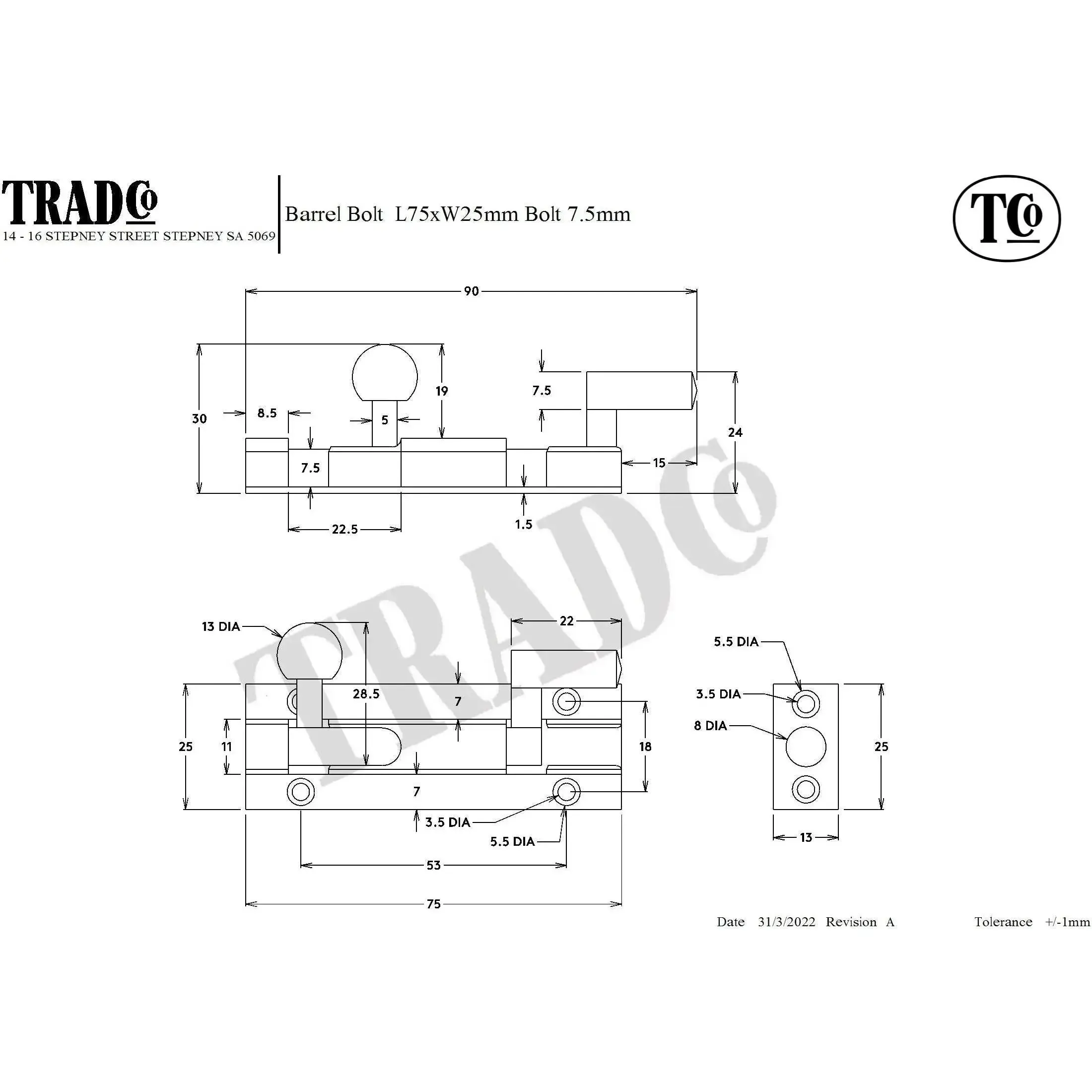Tradco Barrel Bolt Offset Antique Copper L75mm - Image 2