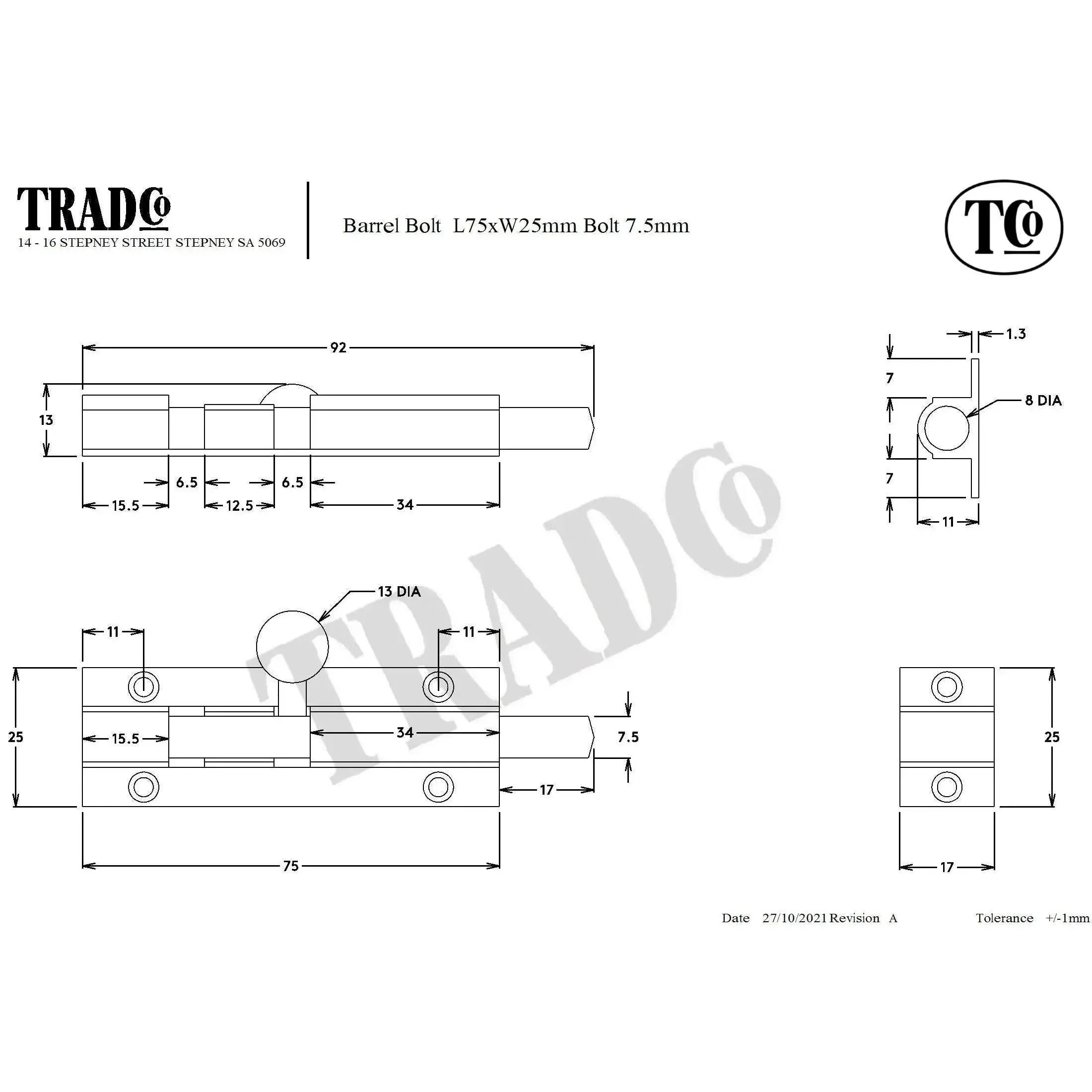 Tradco Barrel Bolt Satin Chrome L75mm - Image 2
