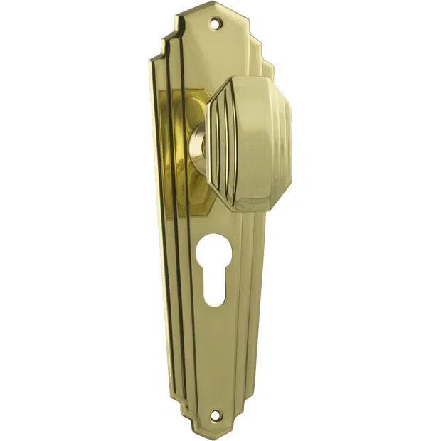Tradco Door Knob Elwood Art Deco Euro Pair Polished Brass