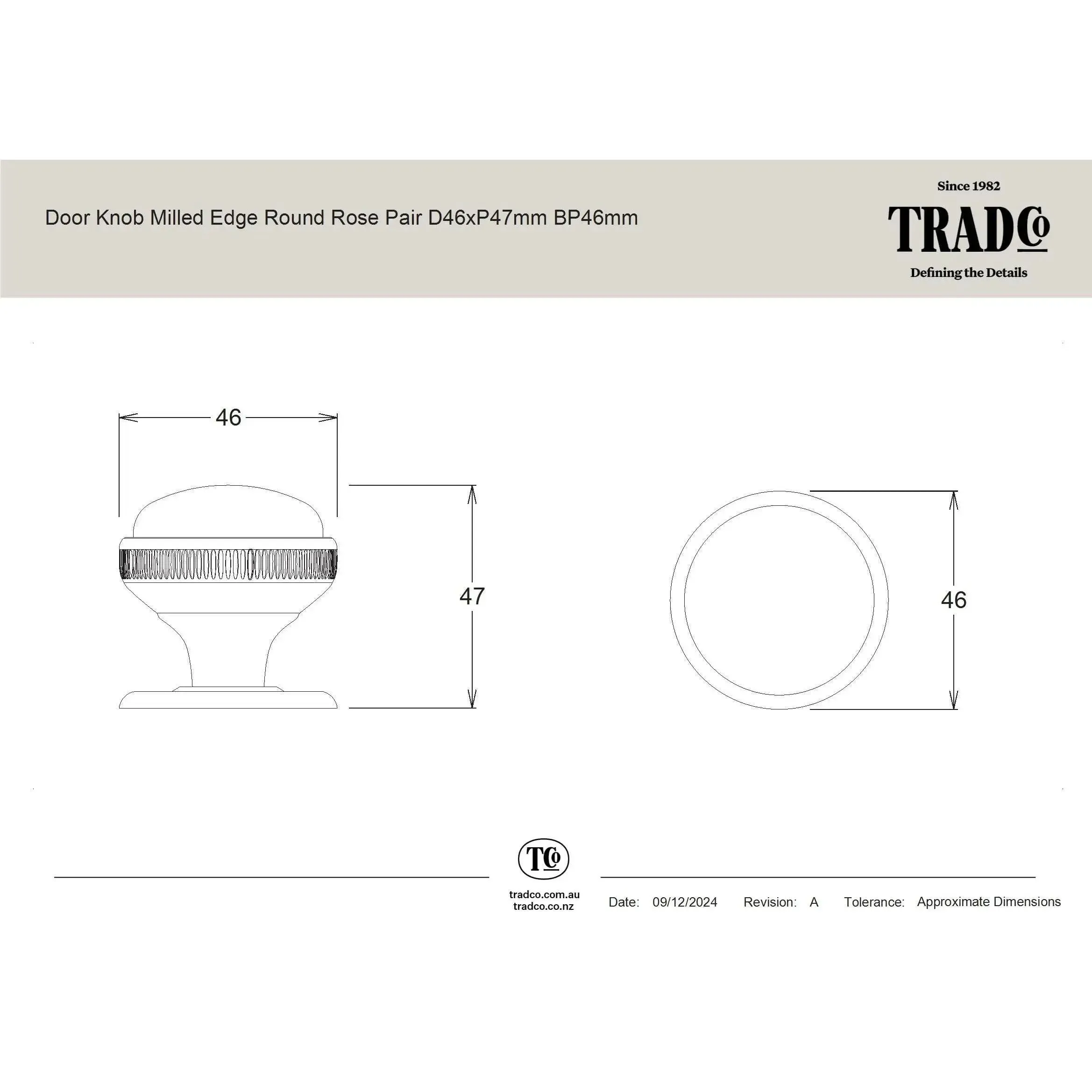 Tradco Door Knob Mortice Milled Edge Small Pair Matt Black - Image 2
