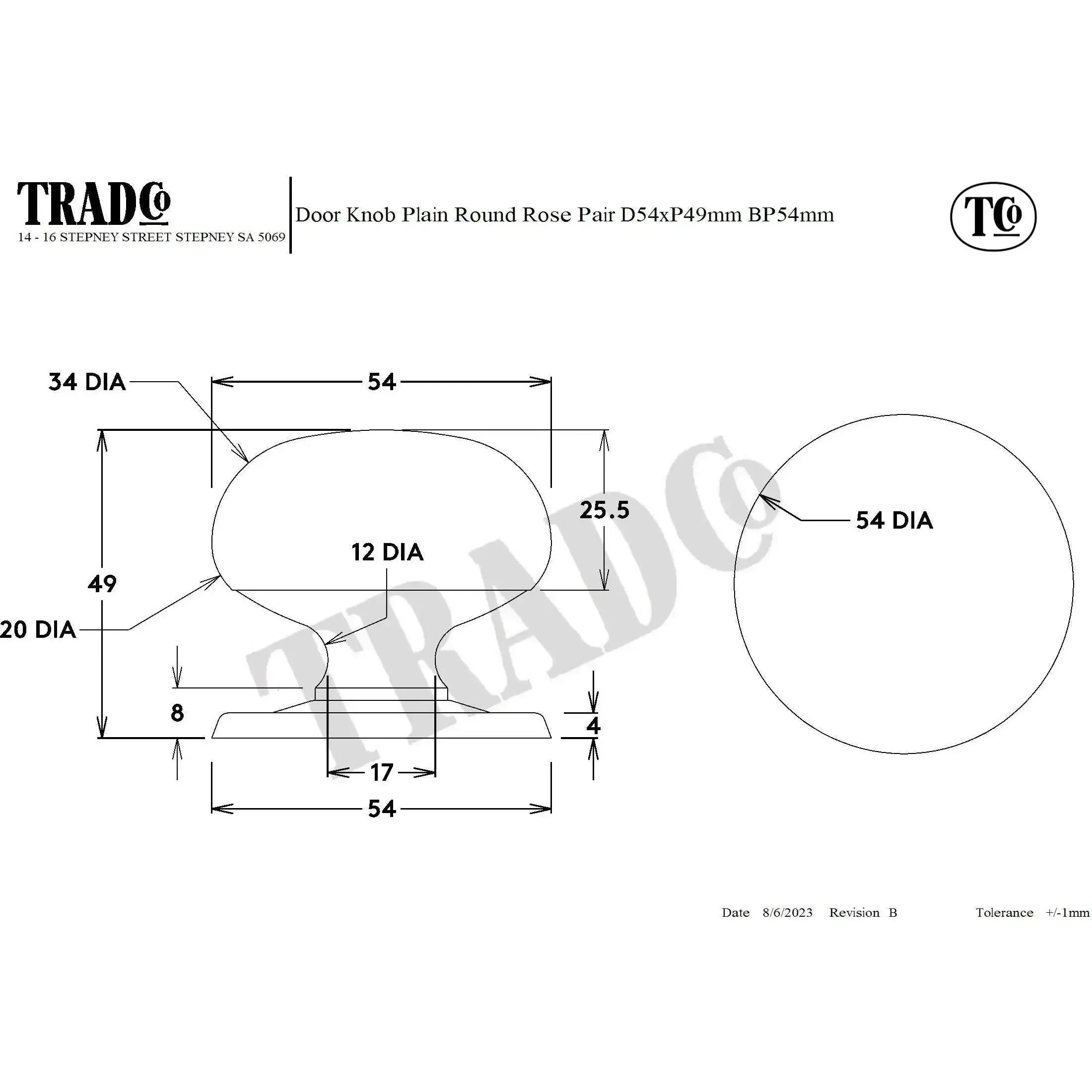 Tradco Door Knob Mortice Plain Pair Polished Brass - Image 2