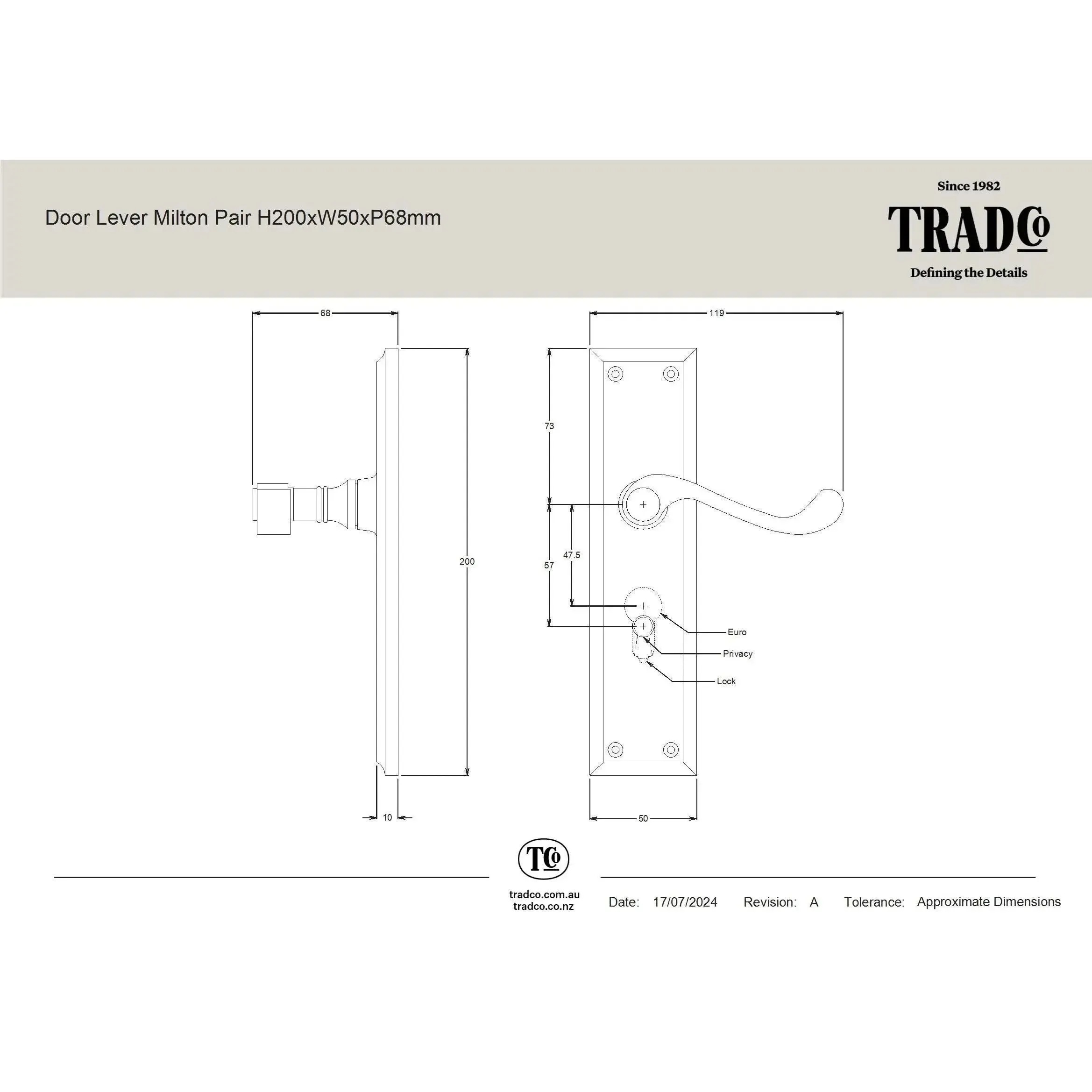 Tradco Door Handle Milton Latch Pair Polished Brass - Image 2