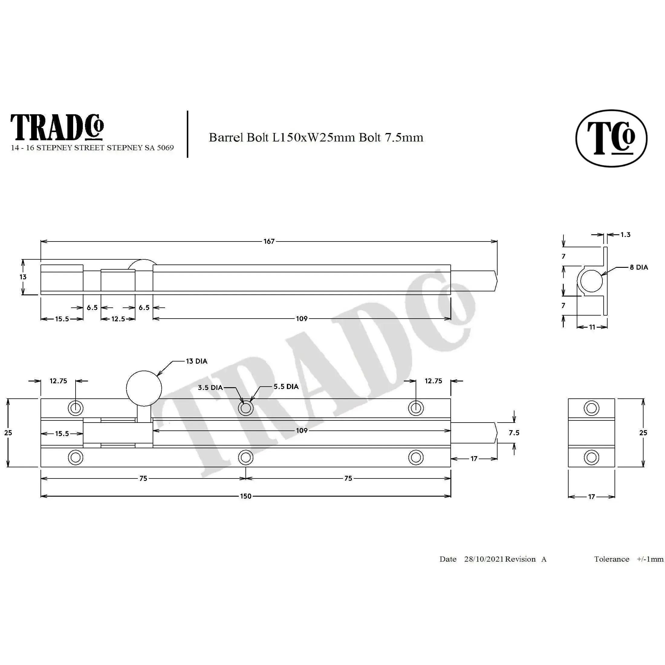 Tradco Barrel Bolt Matt Black L150mm - Image 2