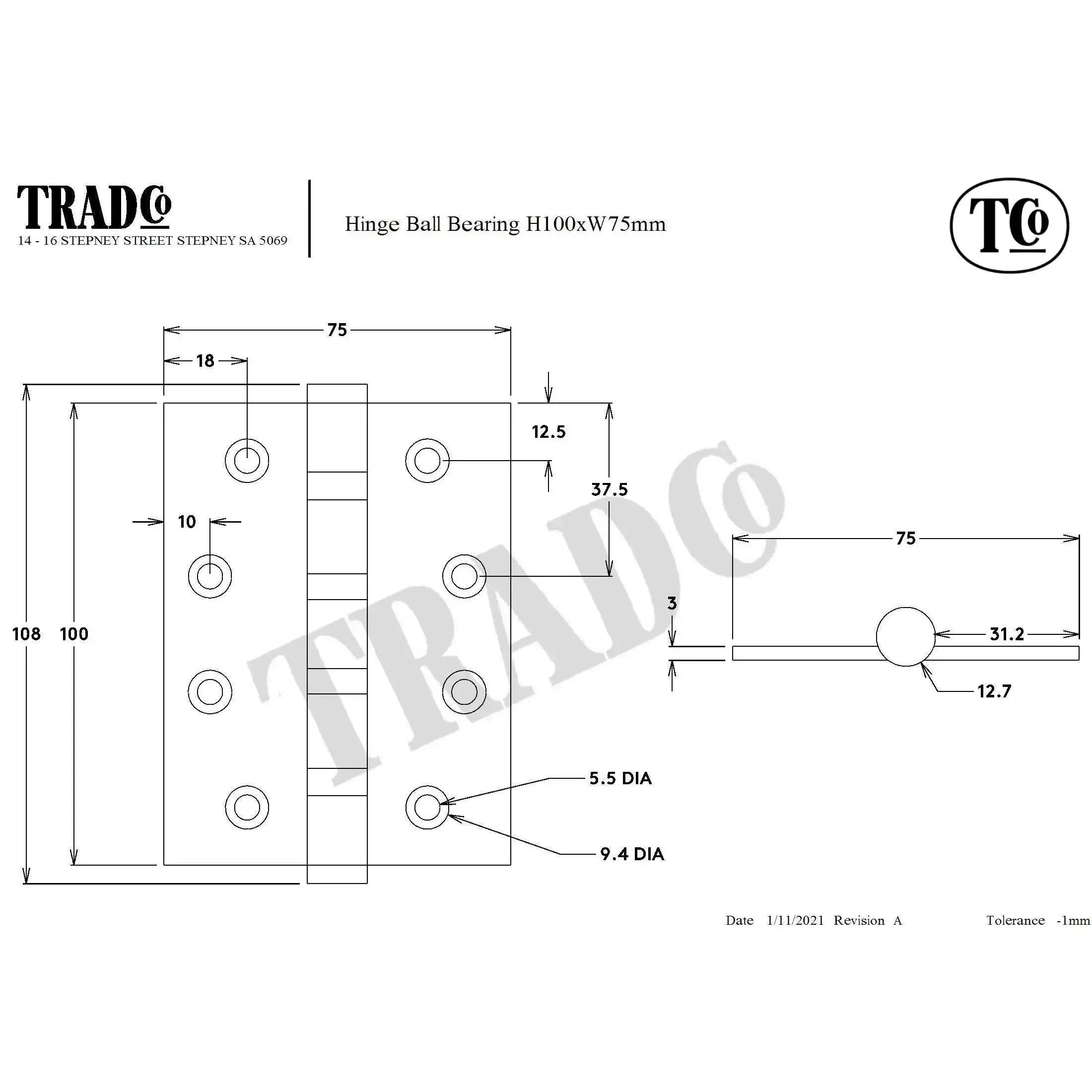 SDG Hinge Ball Bearing Antique Copper W75mm - Image 2
