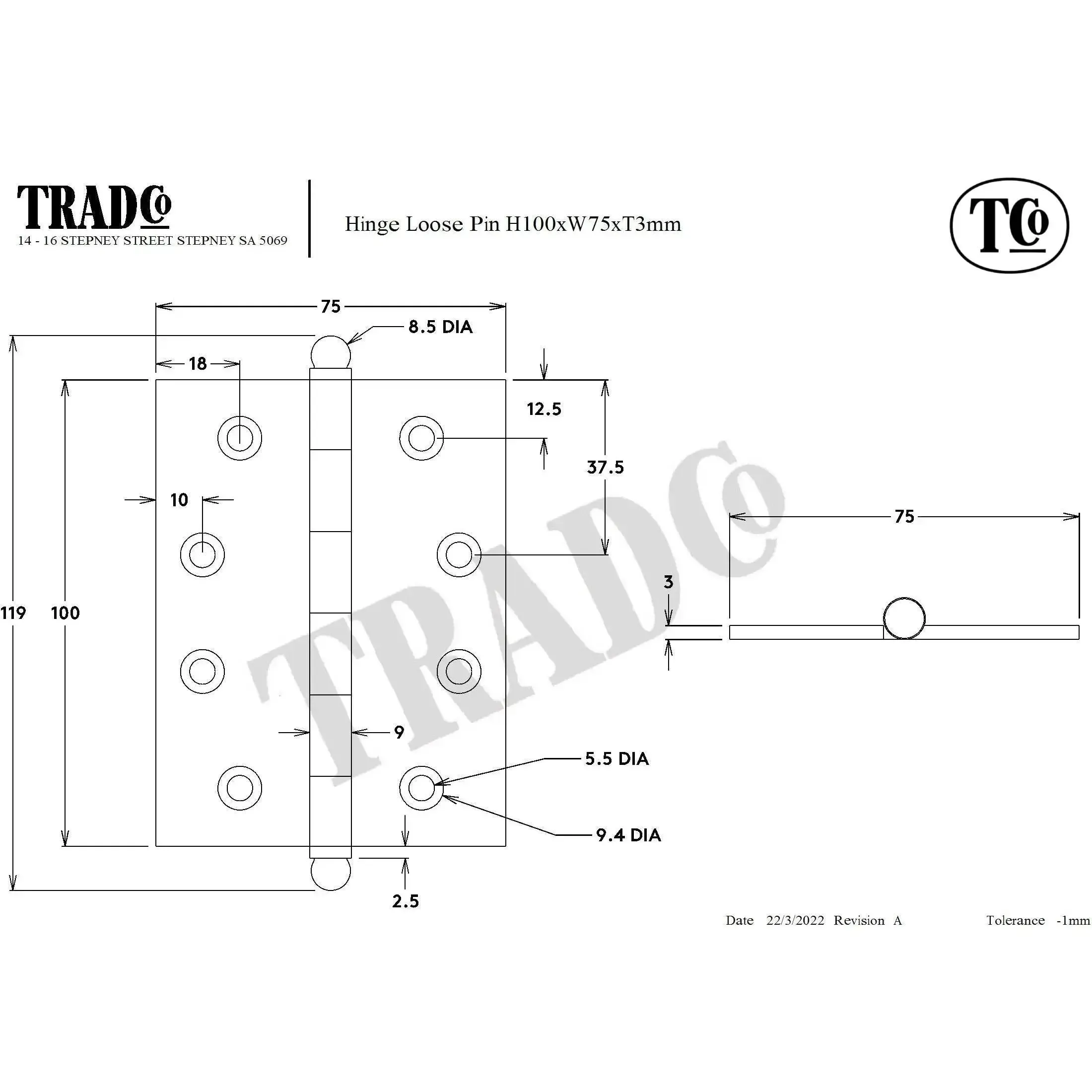 SDG Hinge Loose Pin Satin Nickel W75mm - Image 2