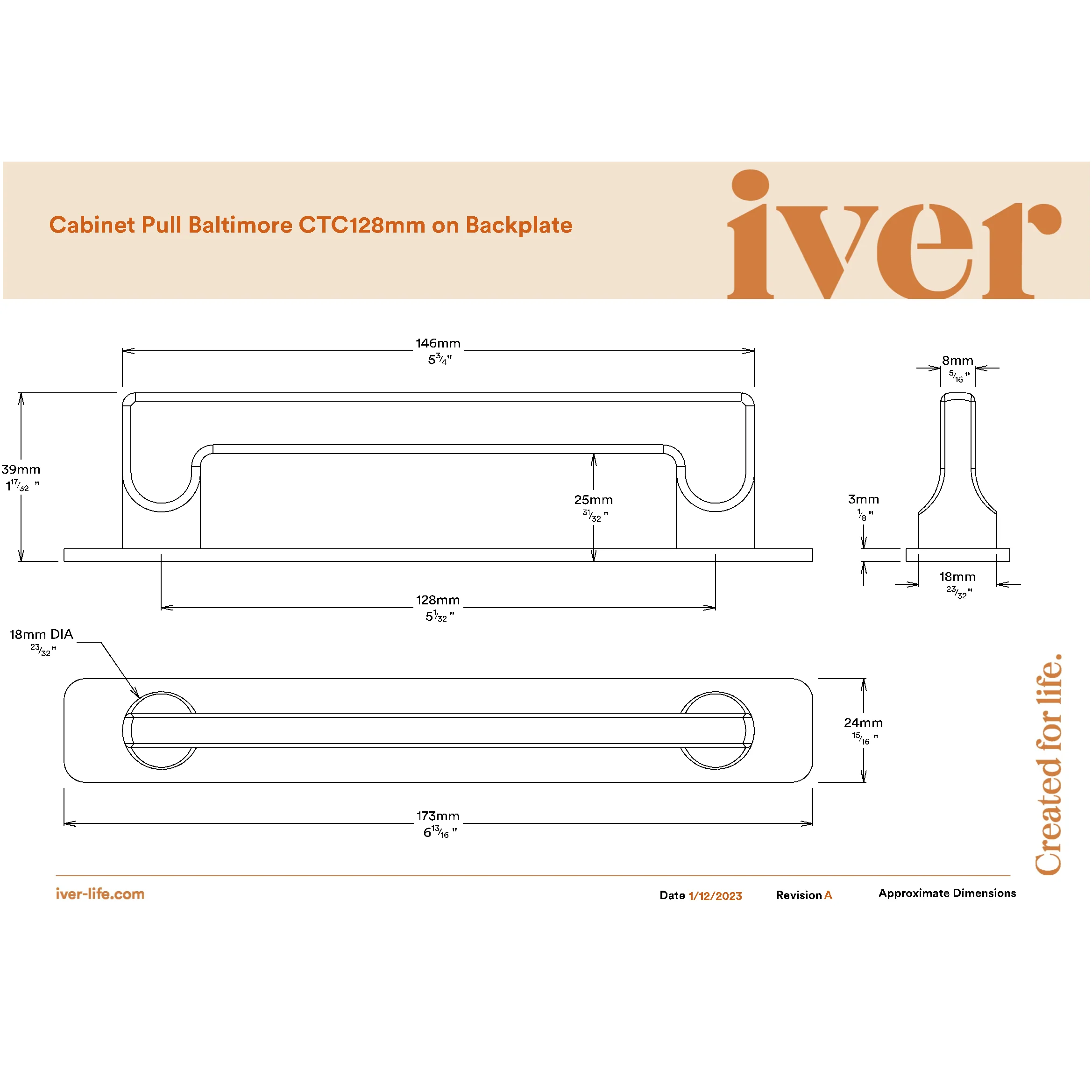 Iver Cabinet Pull Baltimore Brushed Brass CTC128mm With Backplate - Image 2