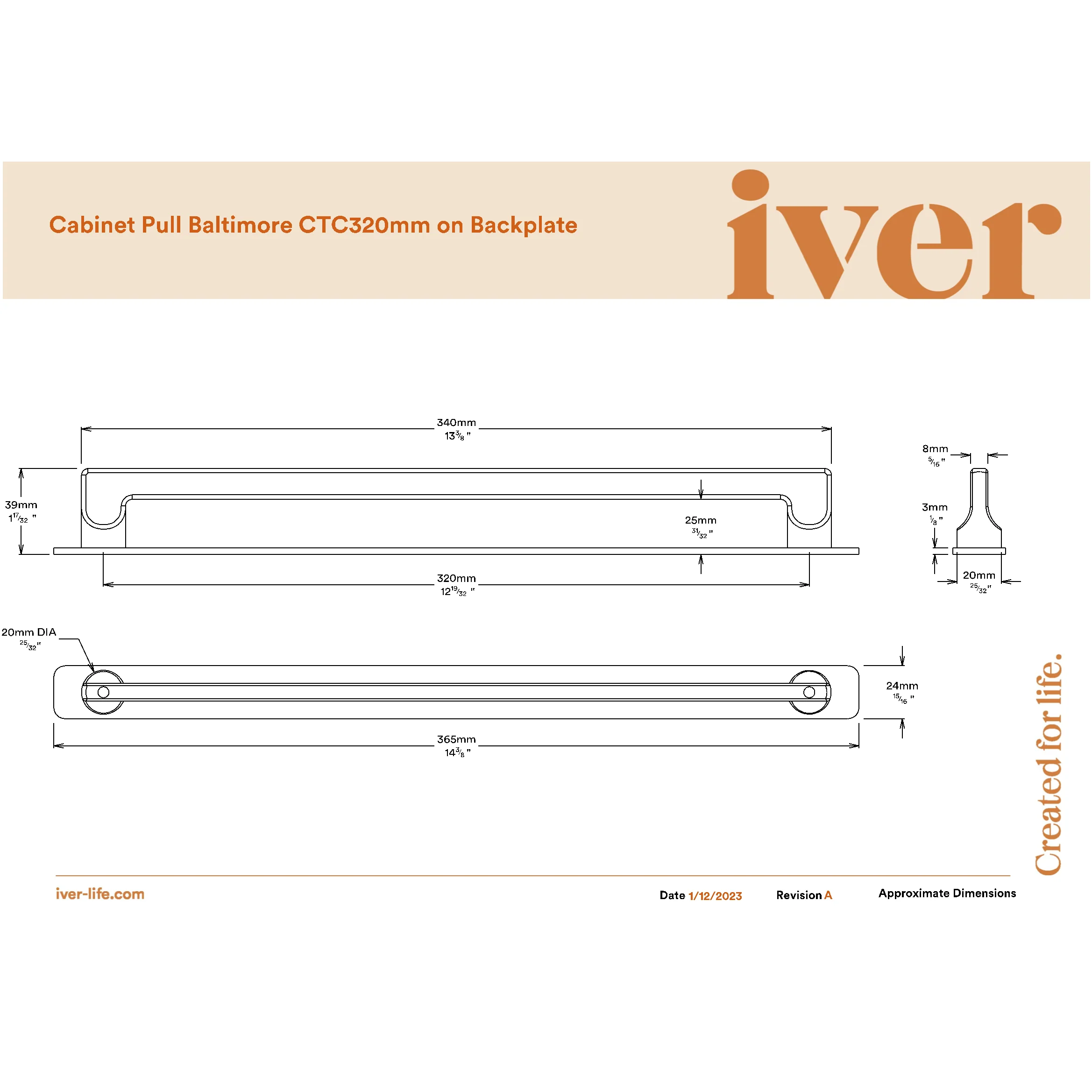 Iver Cabinet Pull Baltimore Brushed Brass CTC320mm With Backplate - Image 2
