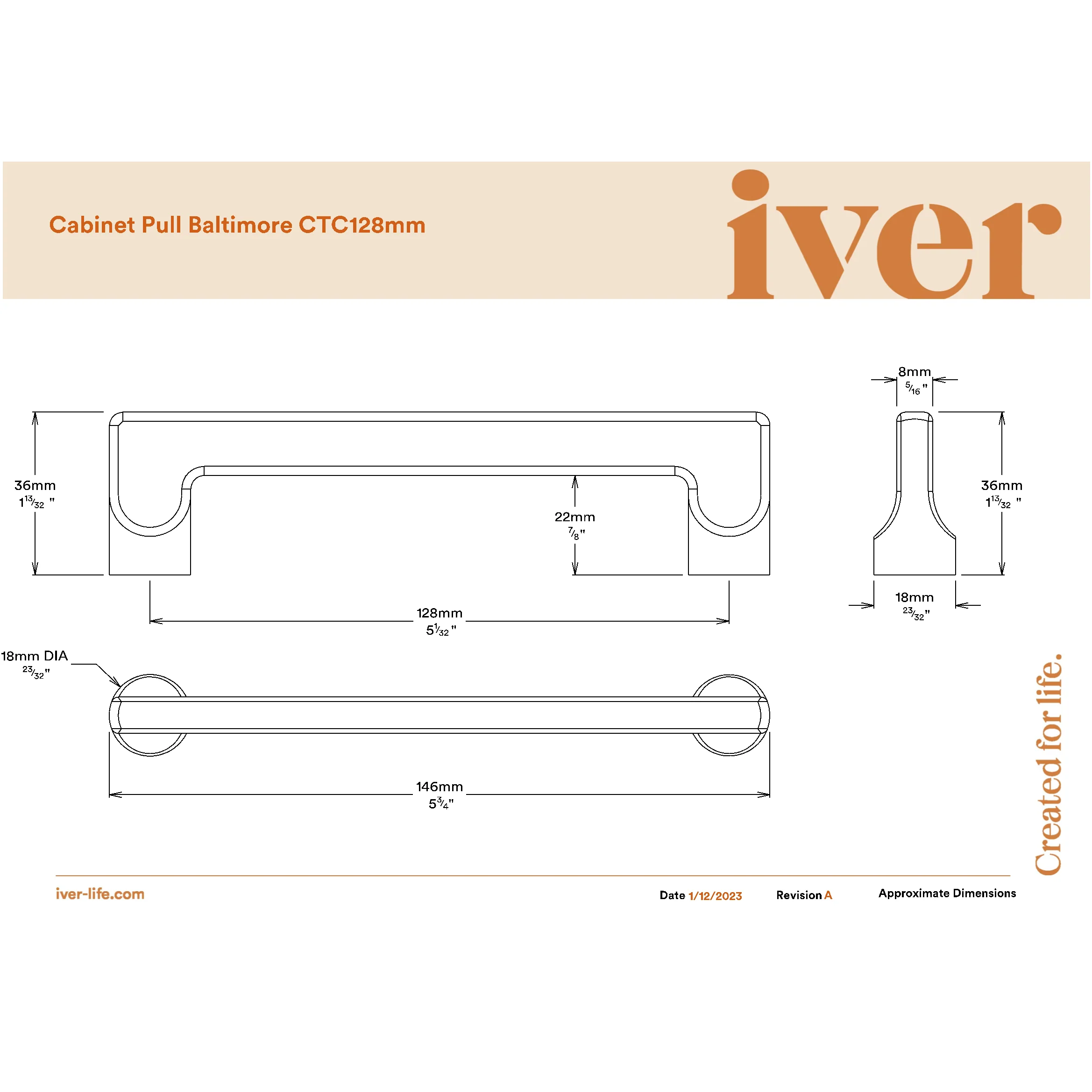 Iver Cabinet Pull Baltimore Signature Brass CTC128mm - Image 2