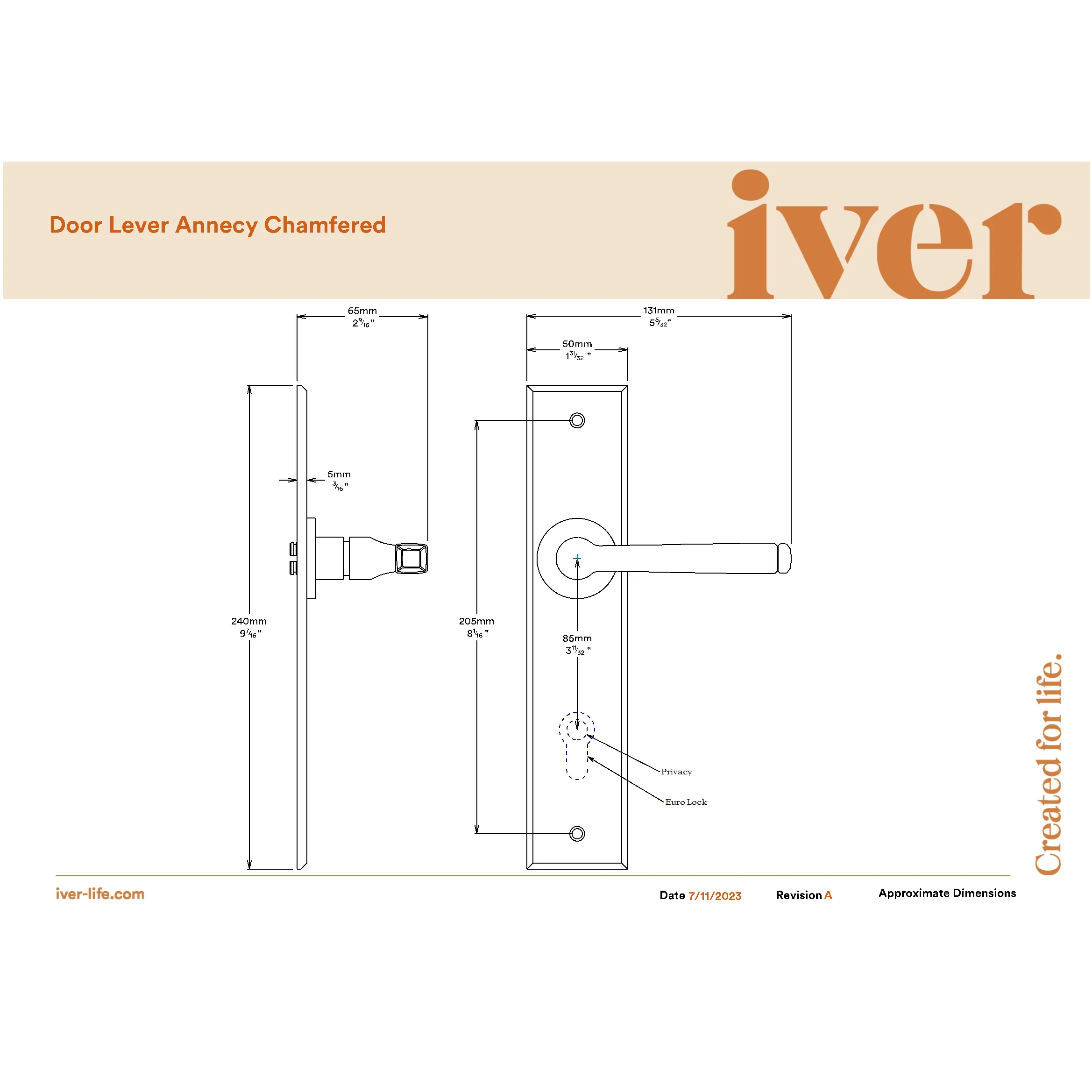 Iver Door Handle Annecy Chamfered Key/Key Polished Nickel Entrance Kit - Image 2