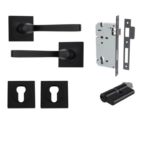 Iver Door Handle Annecy Square Rose Pair Key/Key Matt Black Entrance Kit