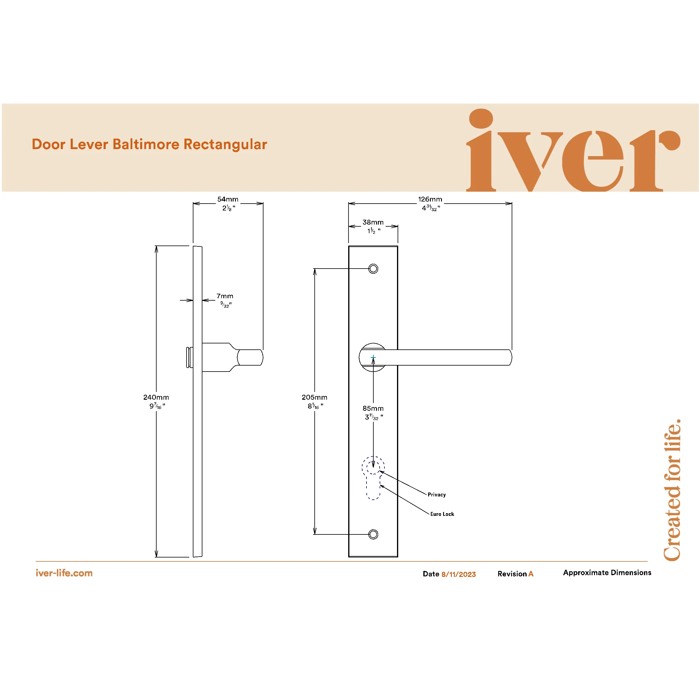 Iver Door Handle Baltimore Rectangular Privacy Signature Brass Inbuilt Privacy Kit - Image 2