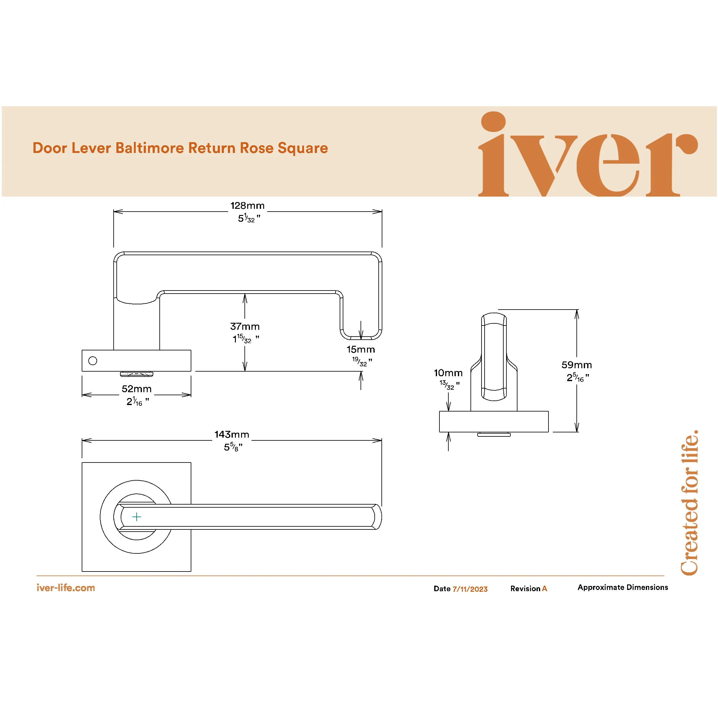 Iver Door Handle Baltimore Return Square Rose Pair Brushed Brass - Image 2