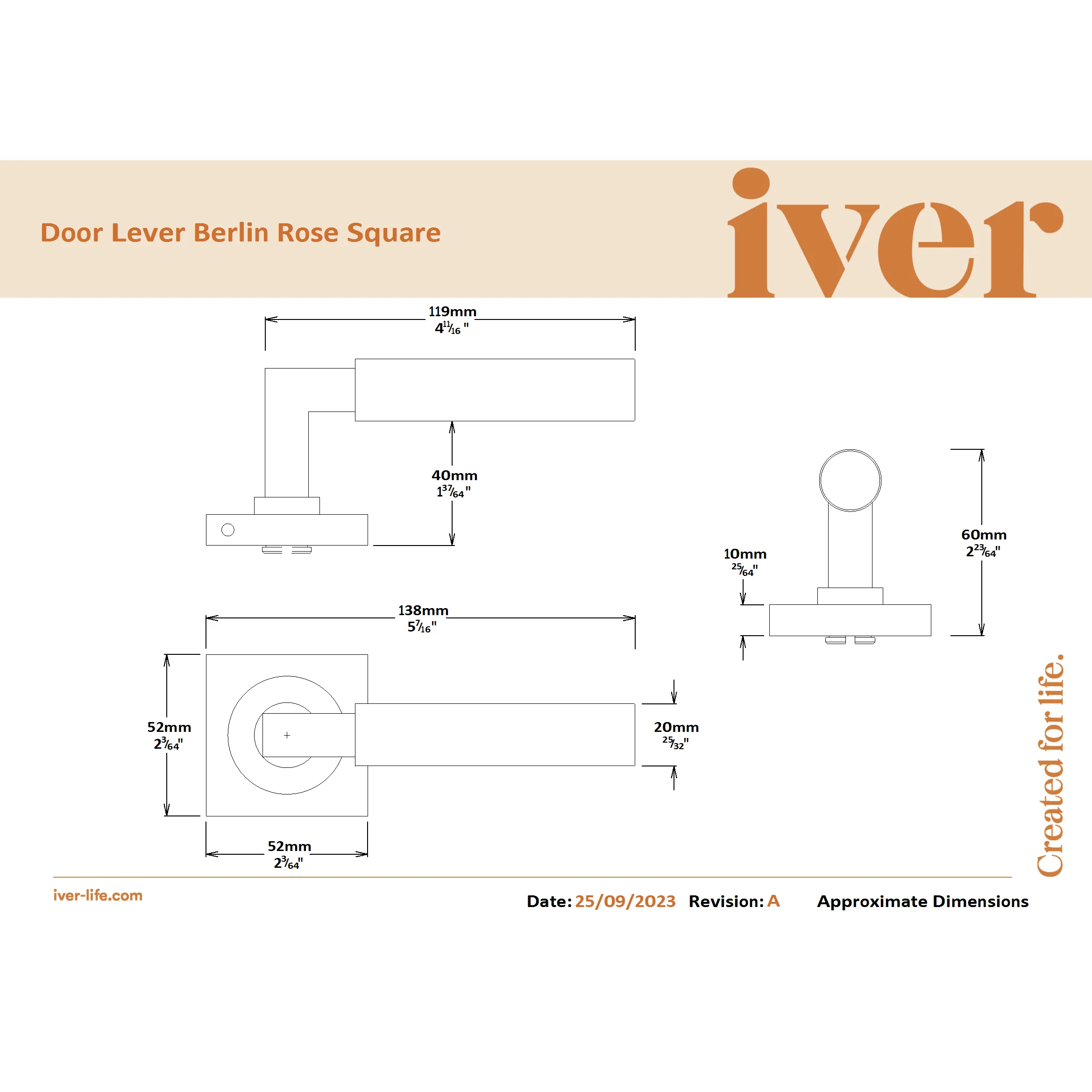Iver Door Handle Berlin Square Rose Pair Brushed Chrome - Image 2