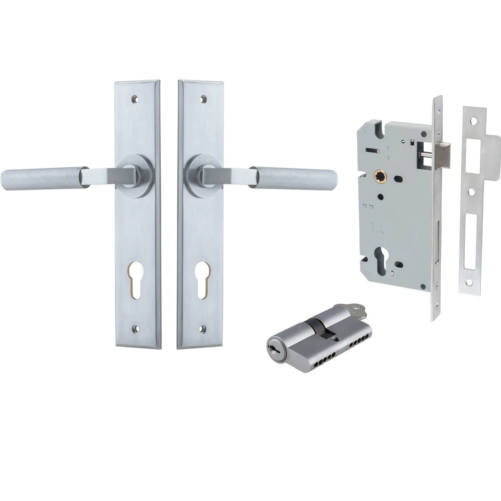 Iver Door Handle Brunswick Chamfered Key/Key Brushed Chrome Entrance Kit