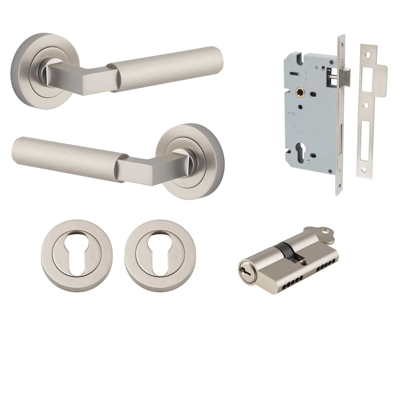 Iver Door Handle Brunswick Rose Round Pair Key/Key Satin Nickel Entrance Kit