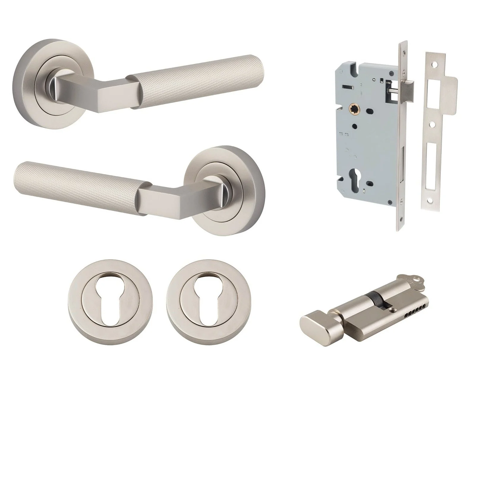 Iver Door Handle Brunswick Rose Round Pair Key/Thumb Satin Nickel Entrance Kit