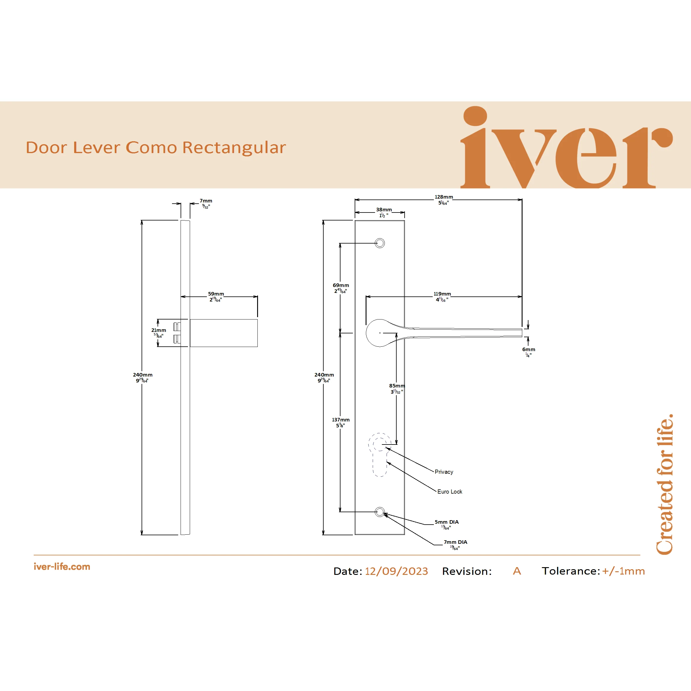 Iver Door Handle Como Rectangular Latch Brushed Brass - Image 2