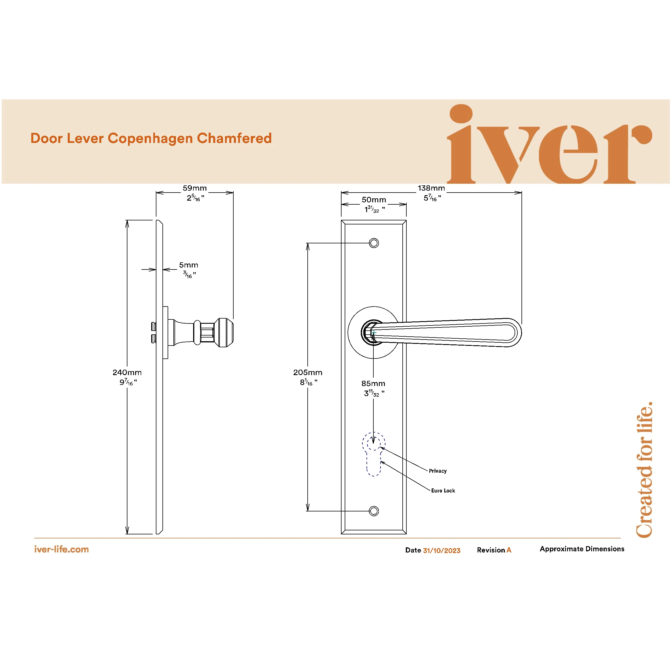 Iver Door Handle Copenhagen Chamfered Euro Pair Signature Brass - Image 2