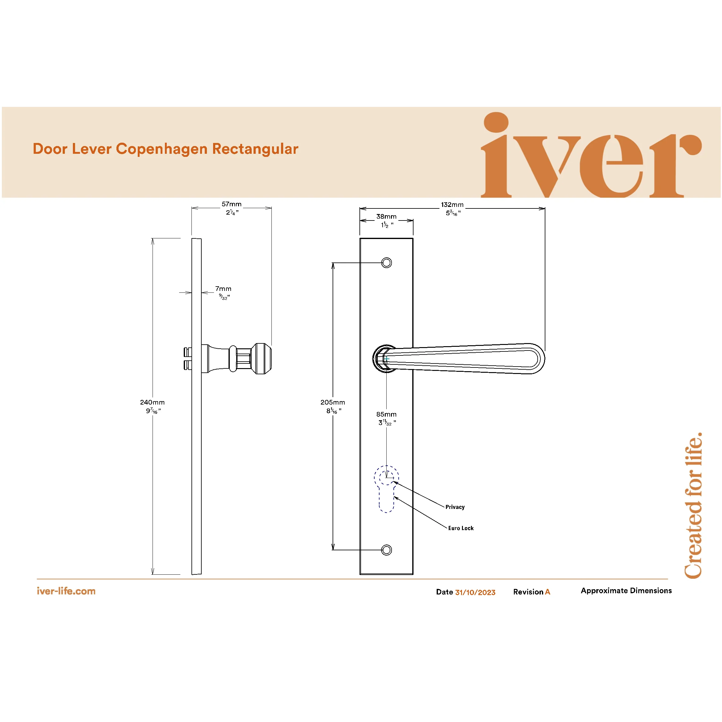 Iver Door Handle Copenhagen Rectangular Euro Pair Key/Key Signature Brass Entrance Kit - Image 2