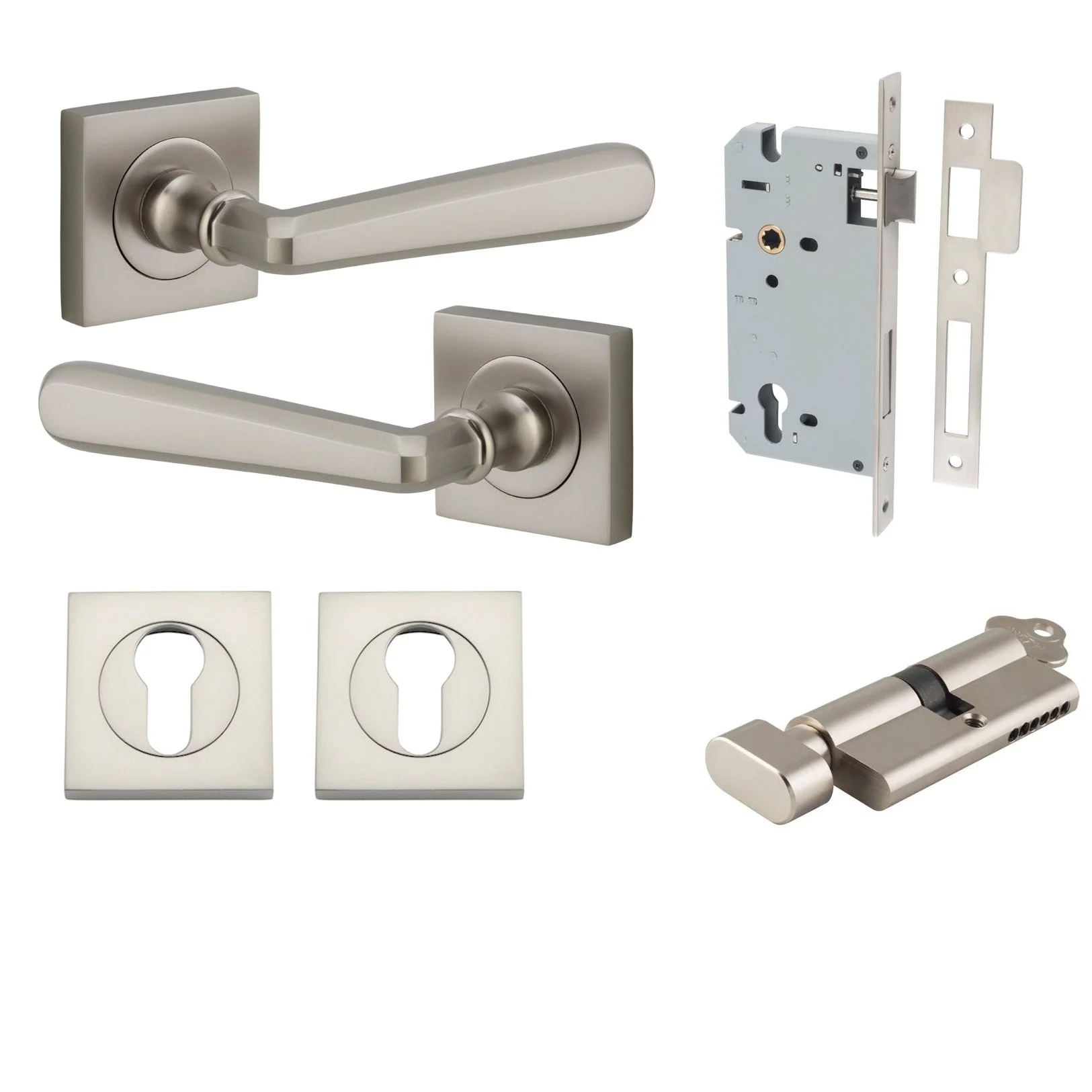 Iver Door Handle Copenhagen Square Rose Key/Thumb Satin Nickel Entrance Kit