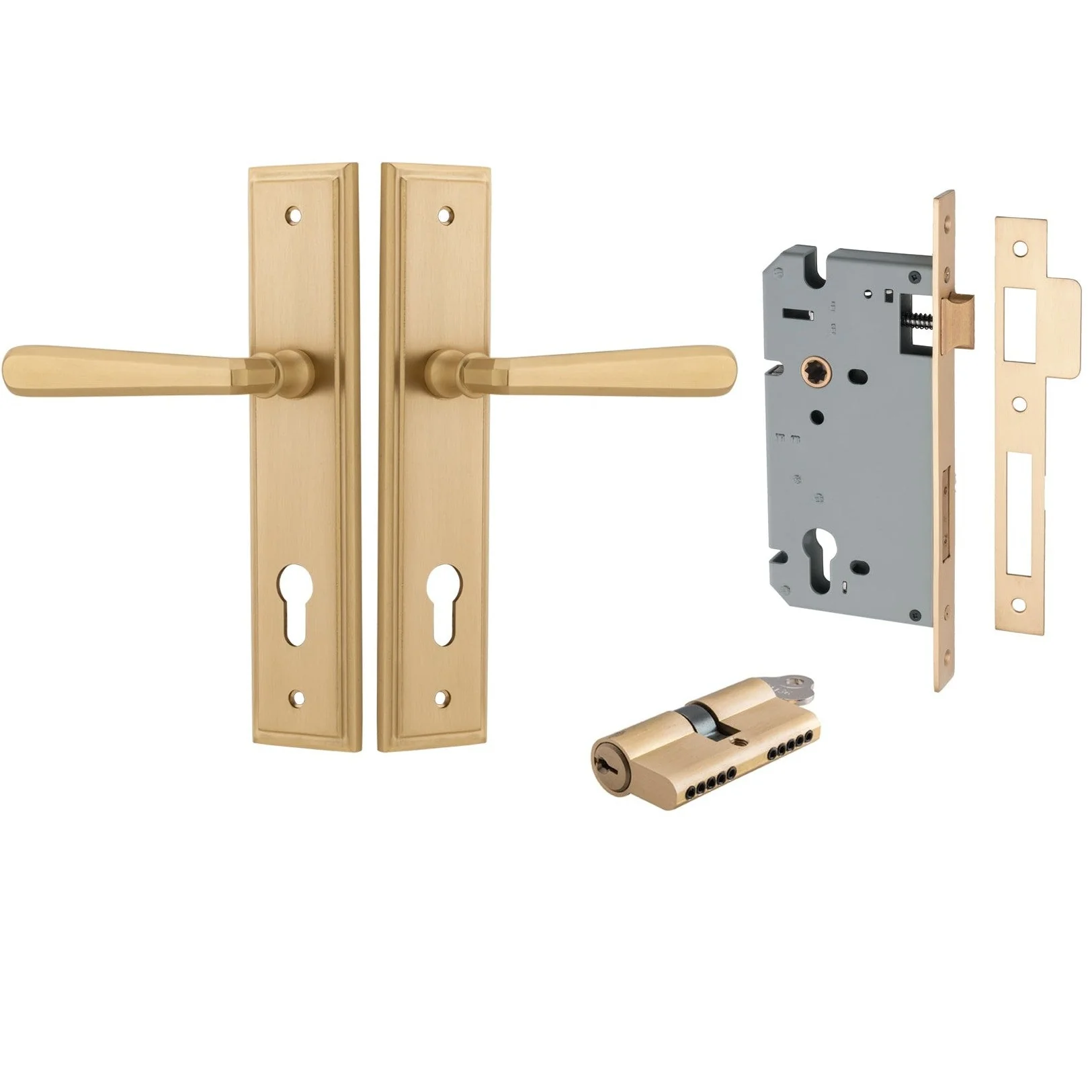 Iver Door Handle Copenhagen Stepped Euro Pair Key/Key Brushed Brass Entrance Kit