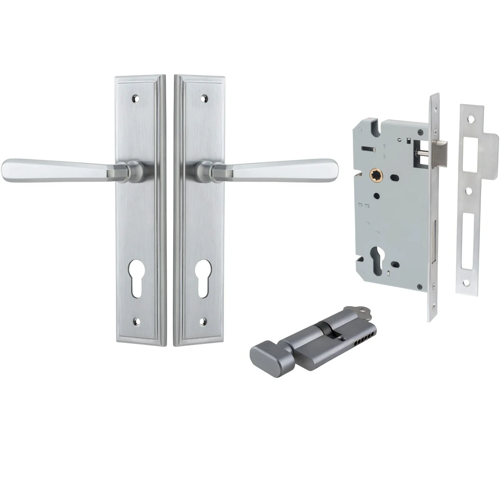 Iver Door Handle Copenhagen Stepped Euro Pair Key/Thumb Brushed Chrome Entrance Kit