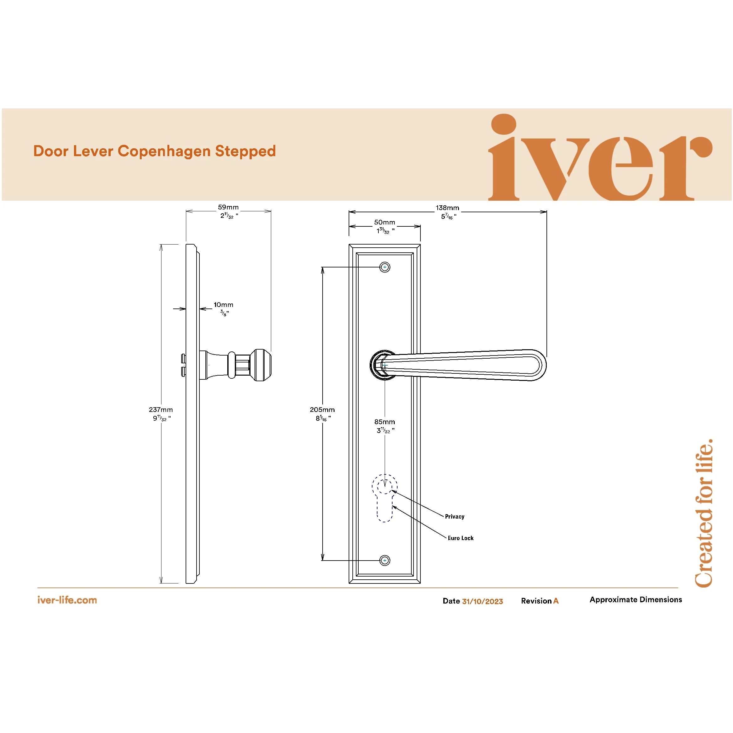 Iver Door Handle Copenhagen Stepped Privacy Pair Brushed Brass Inbuilt Privacy Kit - Image 2