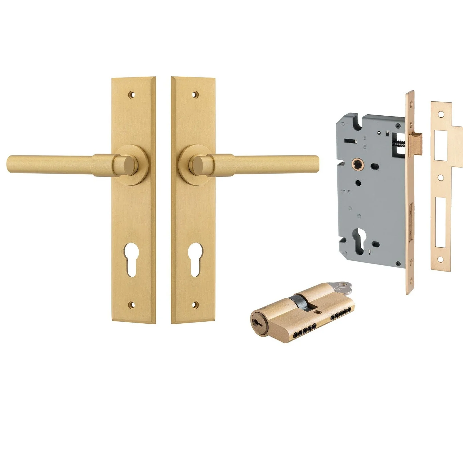 Iver Door Handle Helsinki Chamfered Key/Key Brushed Brass Entrance Kit