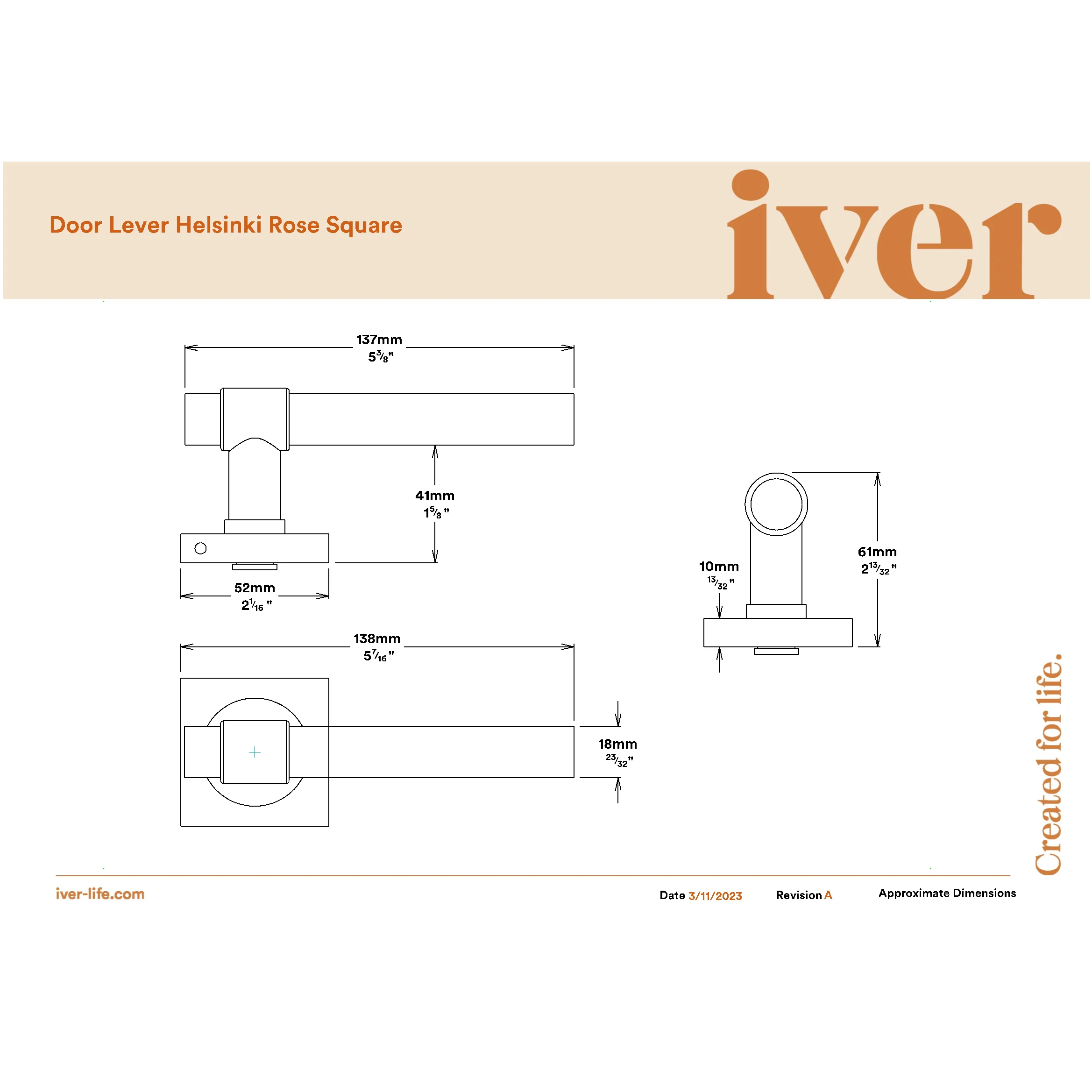 Iver Door Handle Helsinki Square Rose Brushed Gold PVD - Image 2
