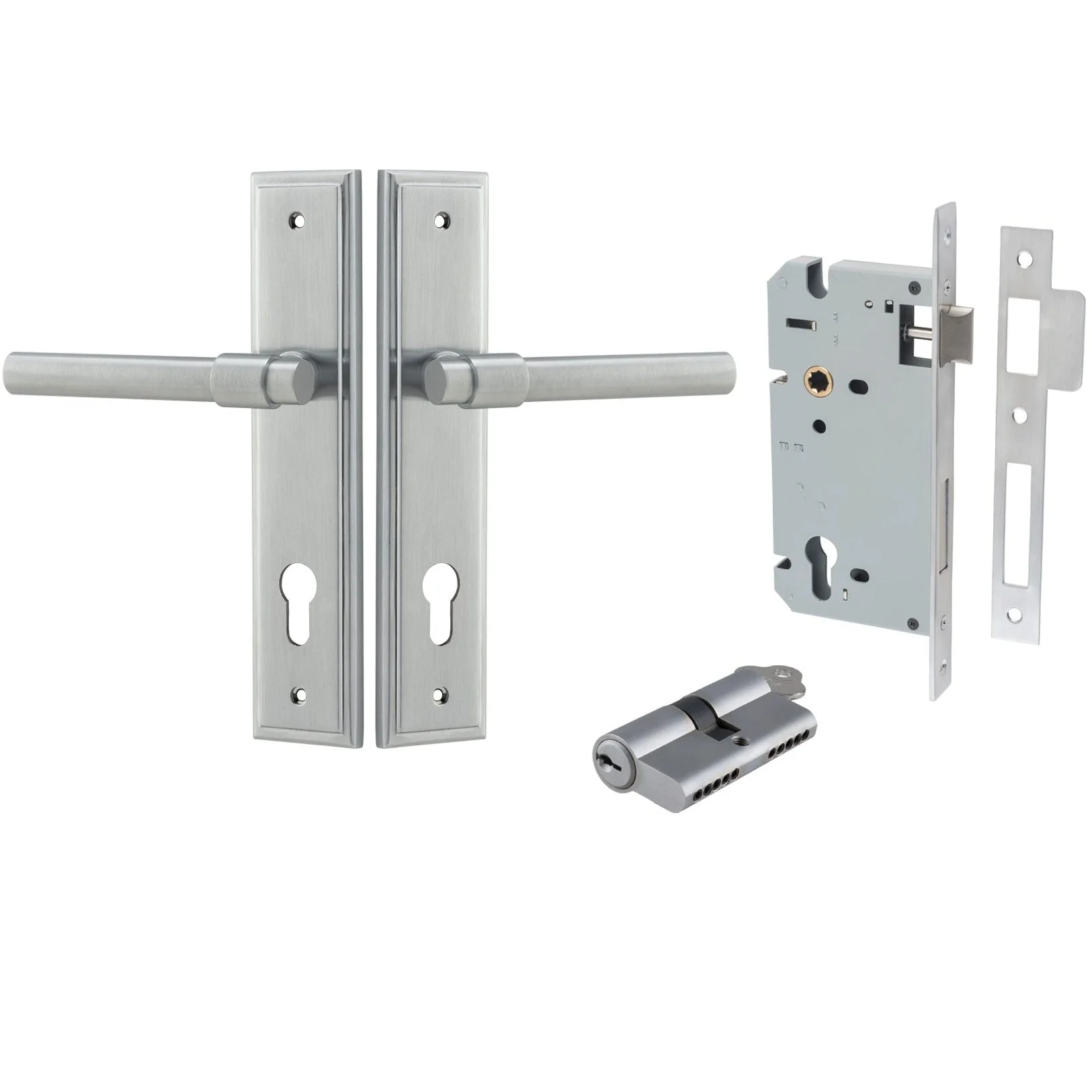 Iver Door Handle Helsinki Stepped Euro Pair Key/Key Brushed Chrome Entrance Kit