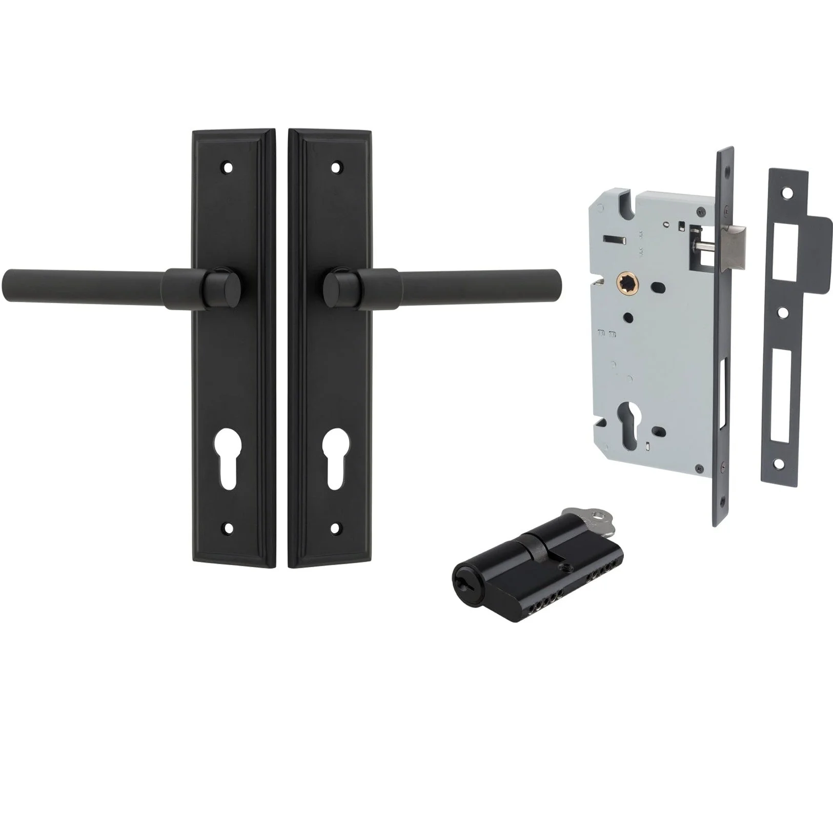 Iver Door Handle Helsinki Stepped Euro Pair Key/Key Matt Black Entrance Kit