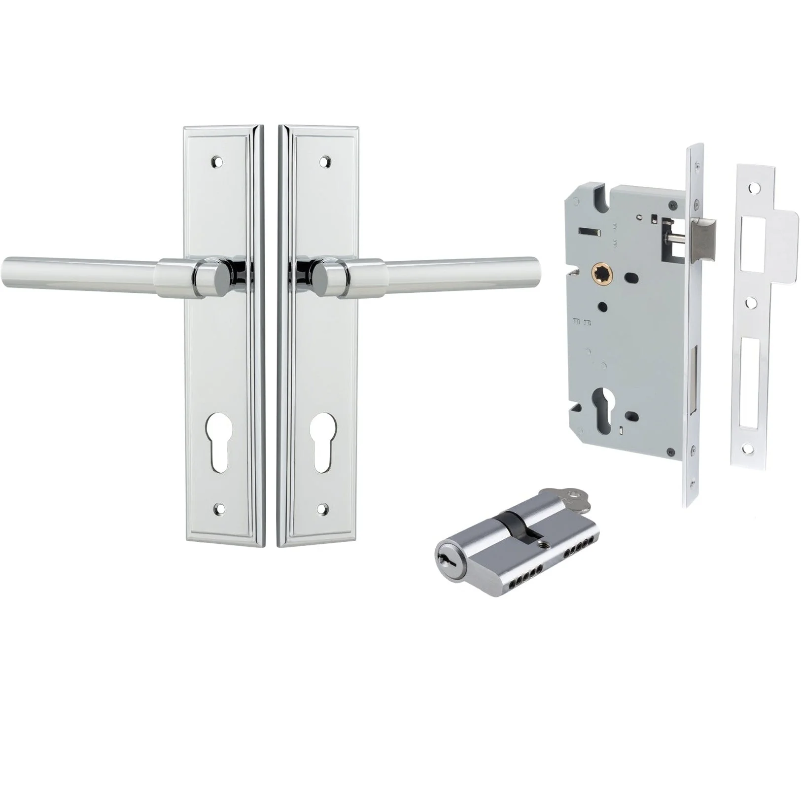 Iver Door Handle Helsinki Stepped Euro Pair Key/Key Polished Chrome Entrance Kit