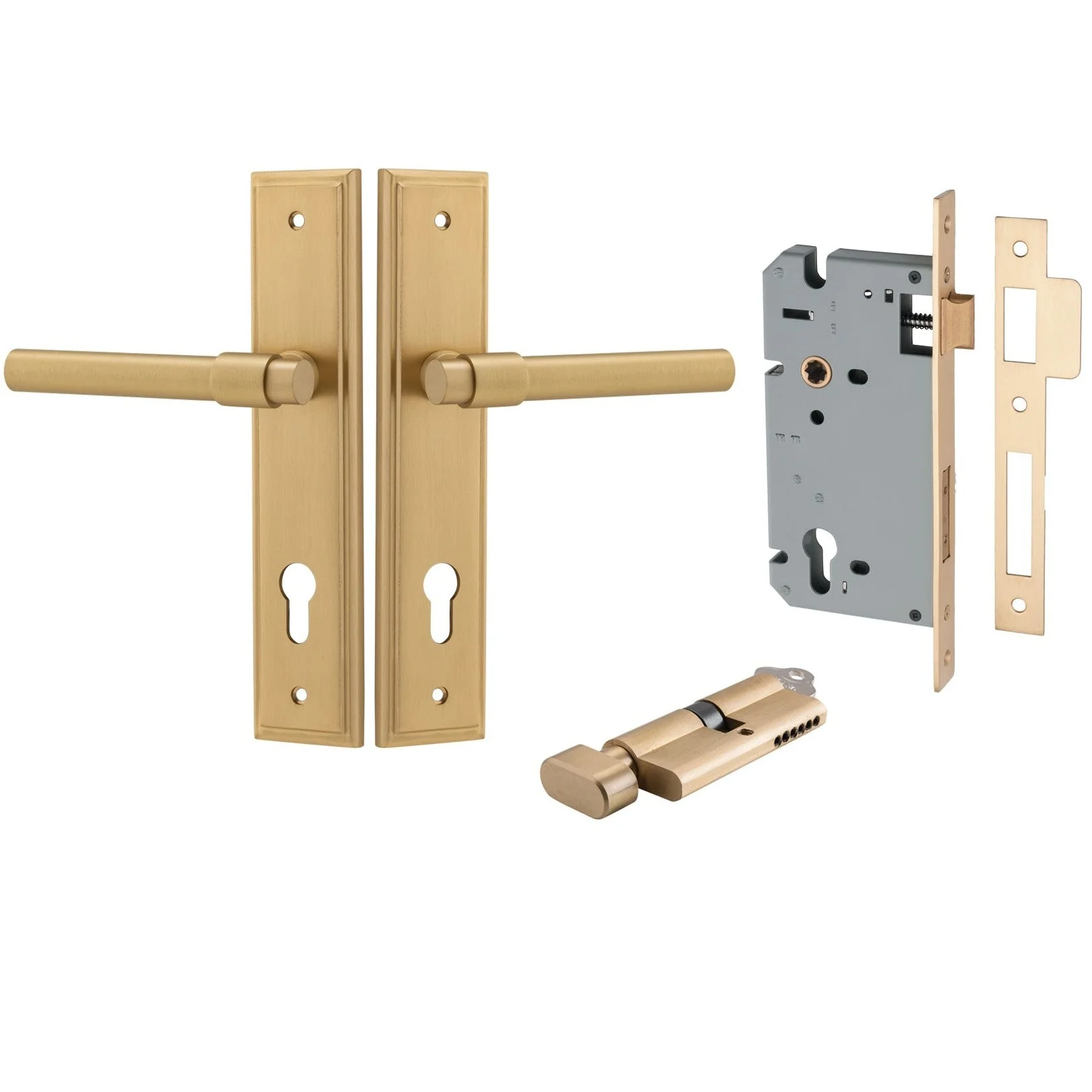 Iver Door Handle Helsinki Stepped Euro Pair Key/Thumb Brushed Brass Entrance Kit