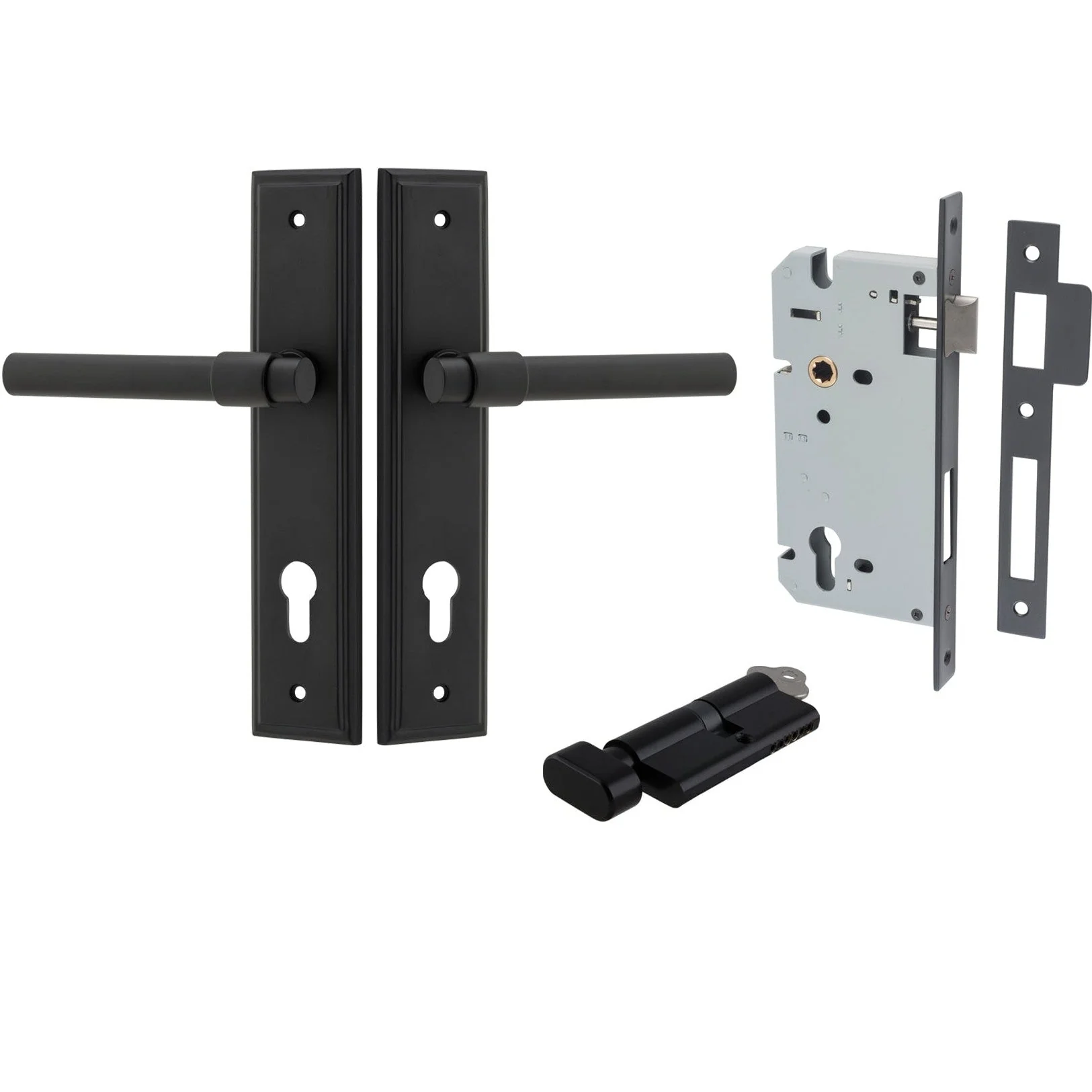 Iver Door Handle Helsinki Stepped Euro Pair Key/Thumb Matt Black Entrance Kit