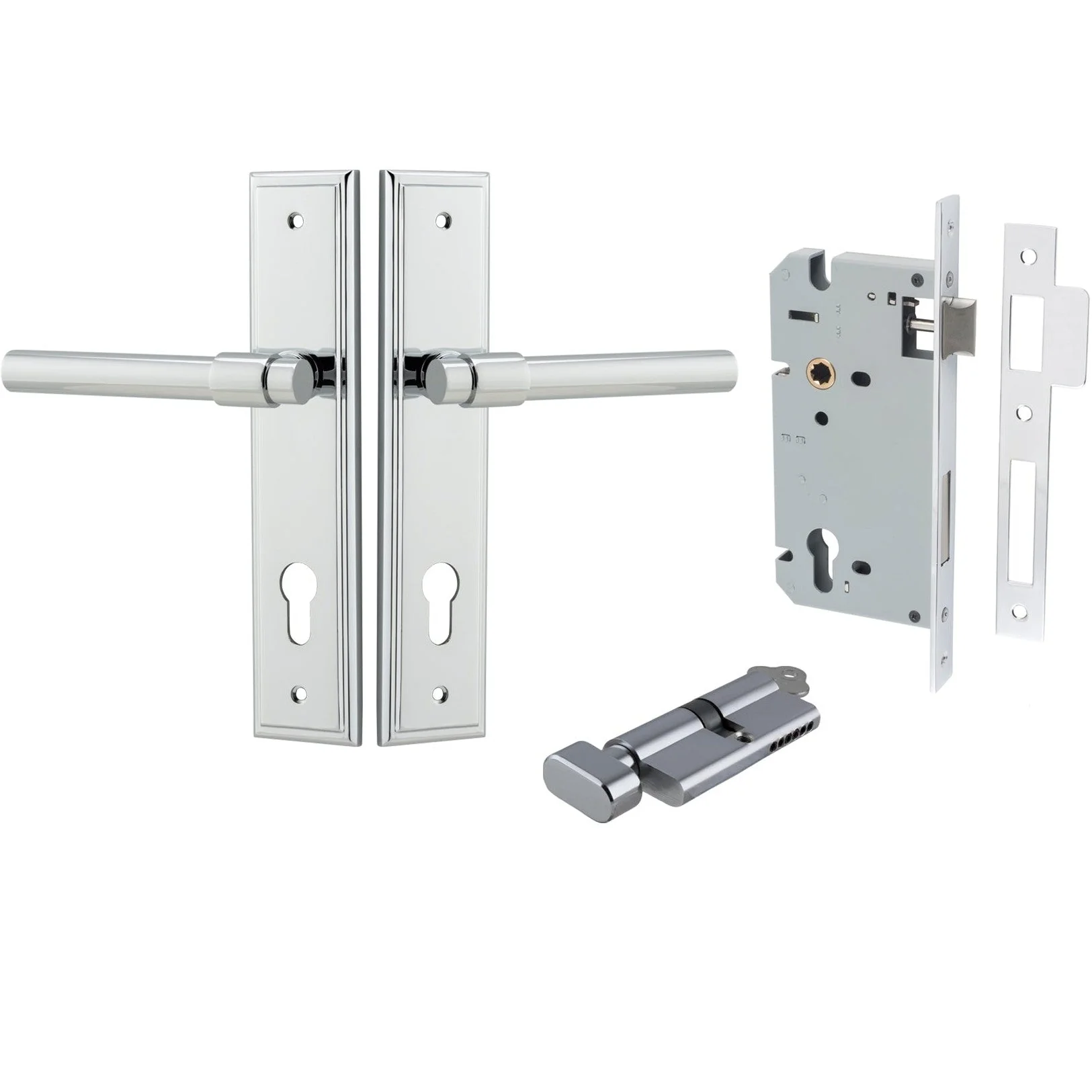 Iver Door Handle Helsinki Stepped Euro Pair Key/Thumb Polished Chrome Entrance Kit
