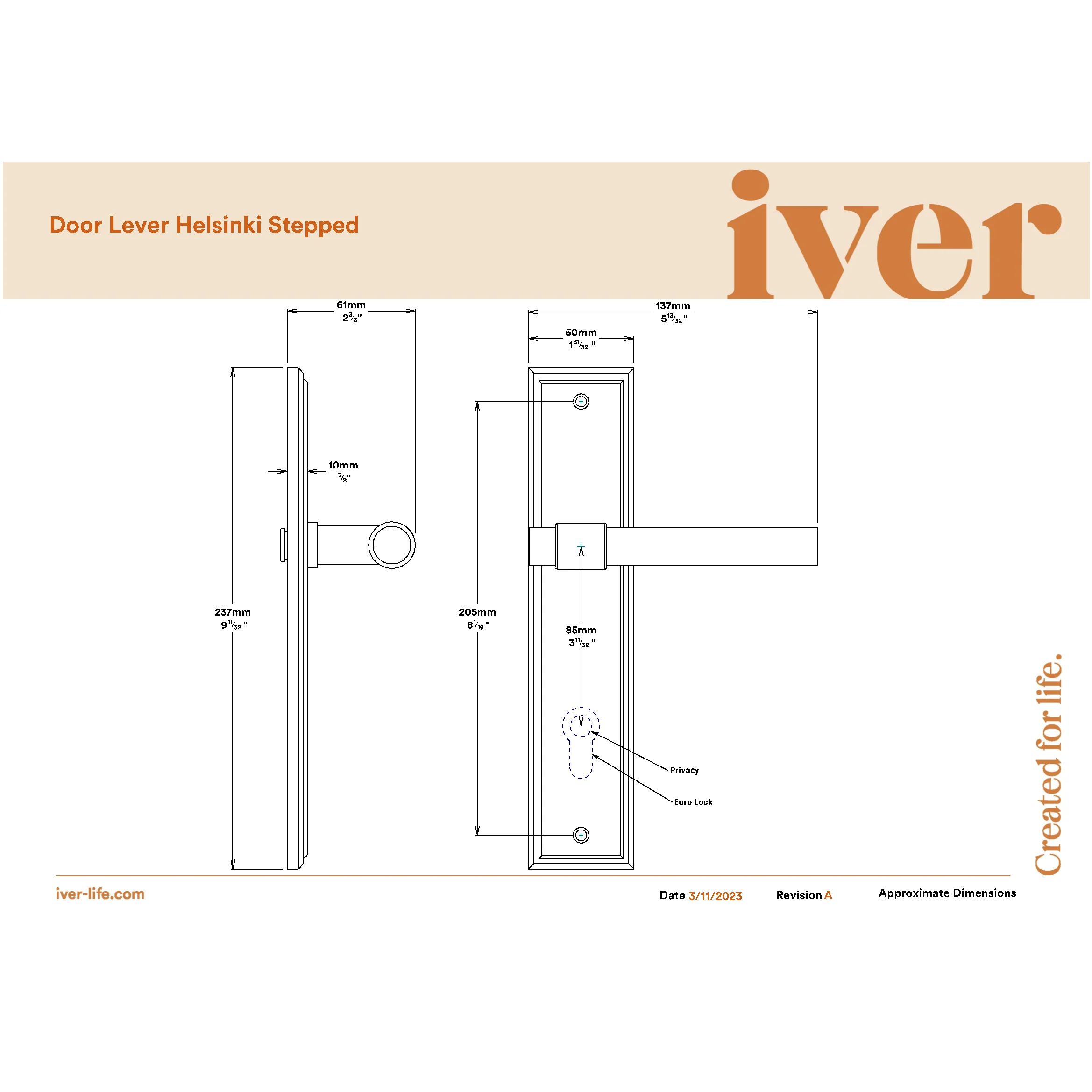 Iver Door Handle Helsinki Stepped Euro Pair Signature Brass - Image 2