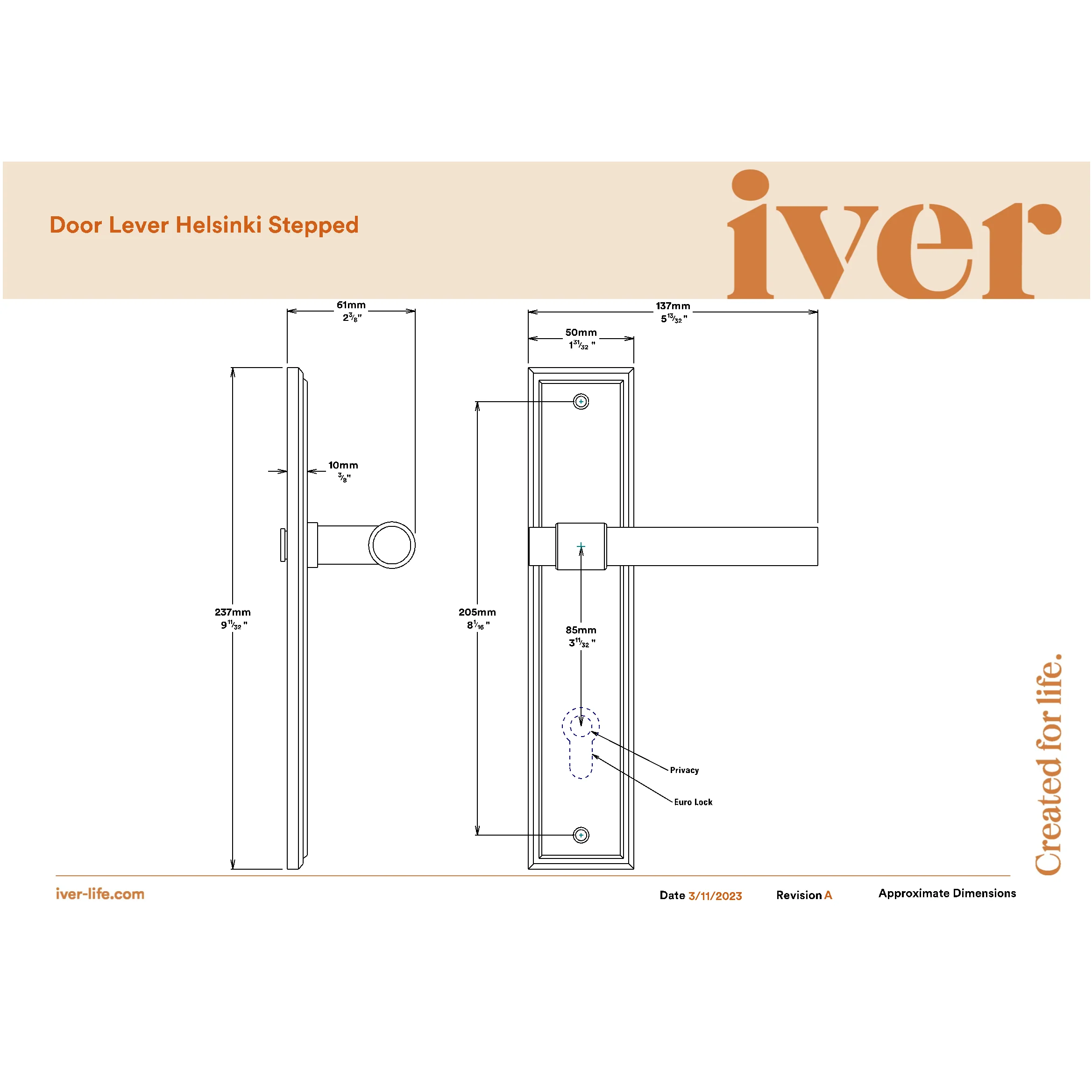 Iver Door Handle Helsinki Stepped Privacy Pair Brushed Gold PVD Privacy Kit - Image 2