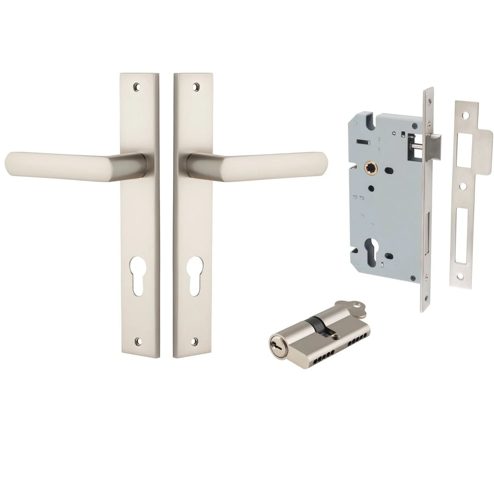 Iver Door Handle Osaka Rectangular Euro Pair Key/Key Satin Nickel Entrance Kit