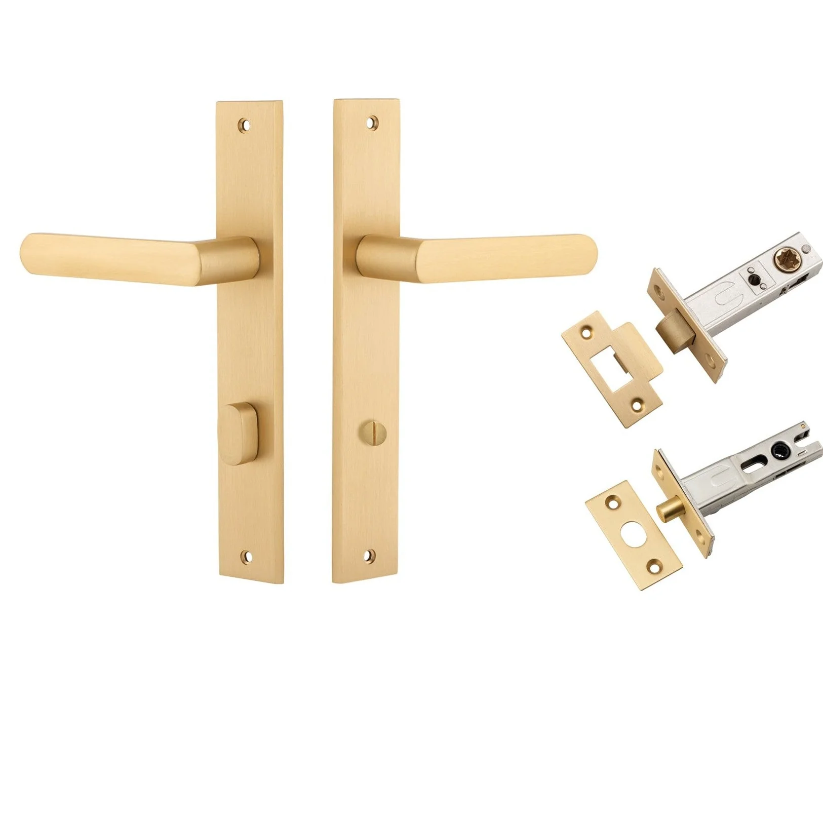 Iver Door Handle Osaka Rectangular Privacy Pair Brushed Brass Inbuilt Privacy Kit