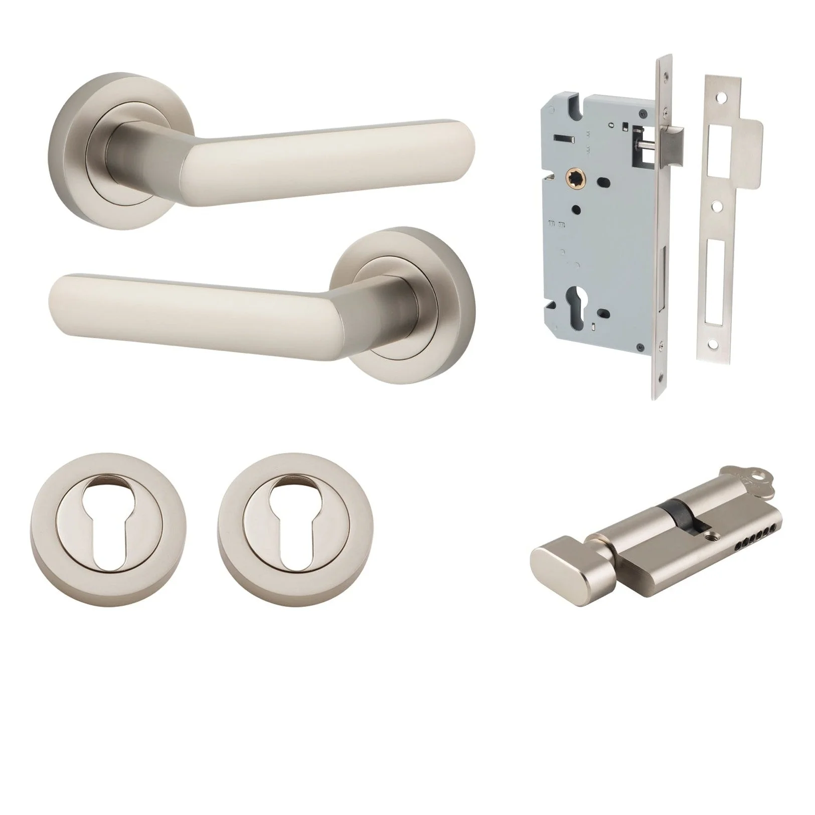 Iver Door Handle Osaka Round Rose Key/Thumb Satin Nickel Entrance Kit