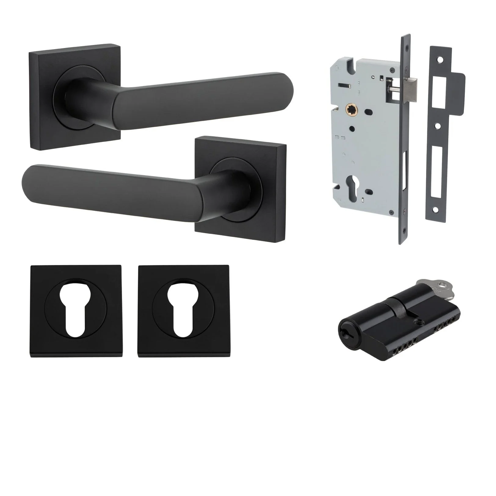 Iver Door Handle Osaka Square Rose Key/Key Matt Black Entrance Kit