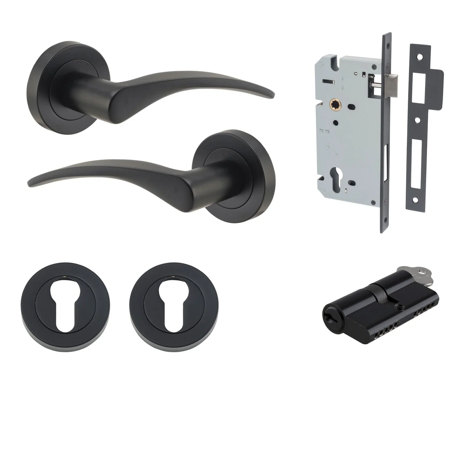 Iver Door Handle Oxford Round Rose Pair Key/Key Matt Black Entrance Kit
