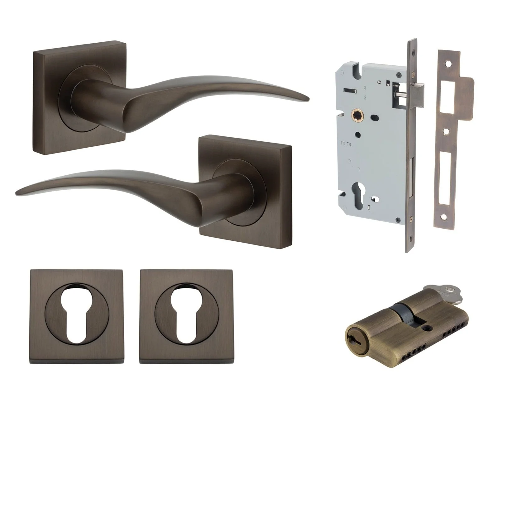 Iver Door Handle Oxford Square Rose Pair Key/Key Signature Brass Entrance Kit
