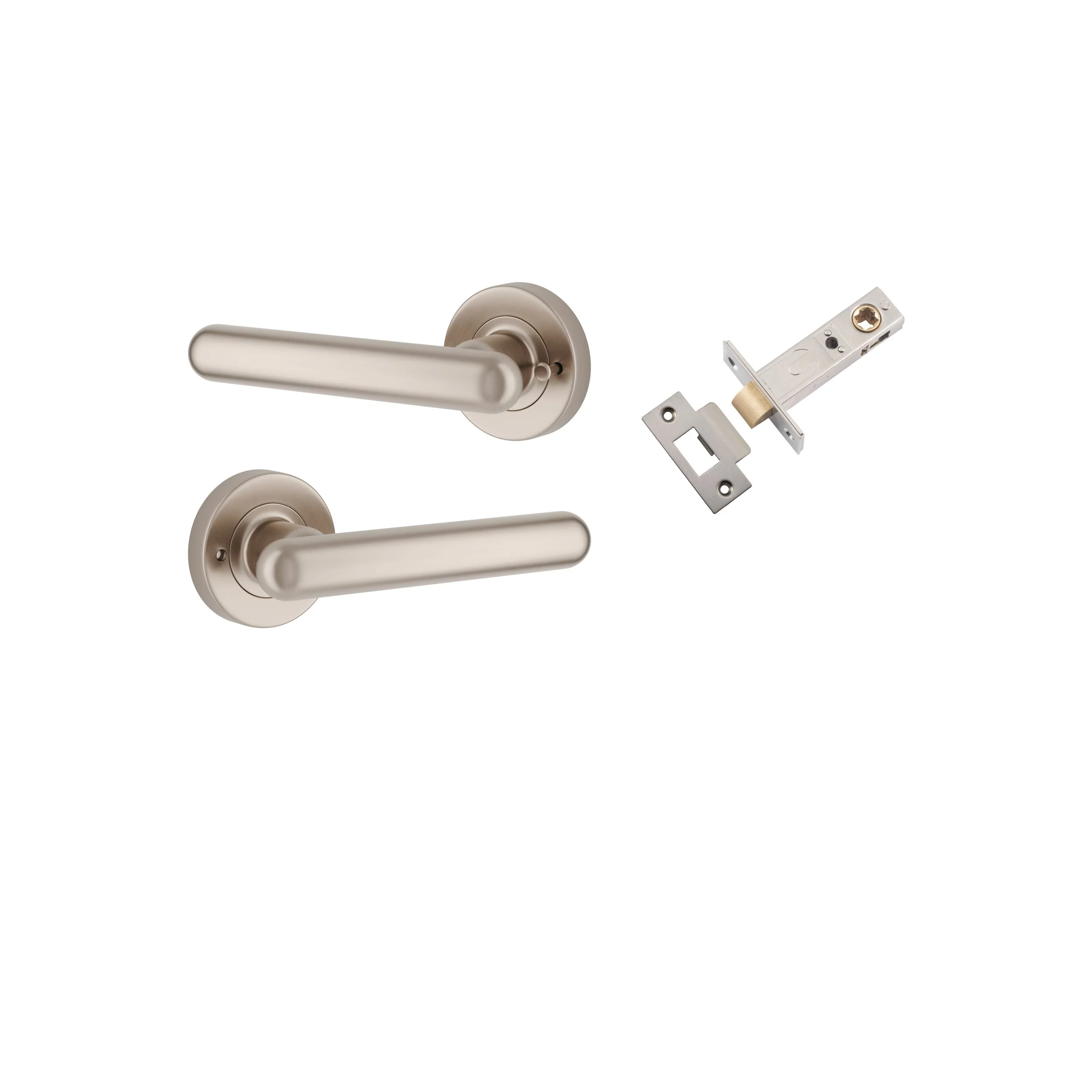 Iver Door Handle Puerto Rose Round Satin Nickel Inbuilt Privacy Kit