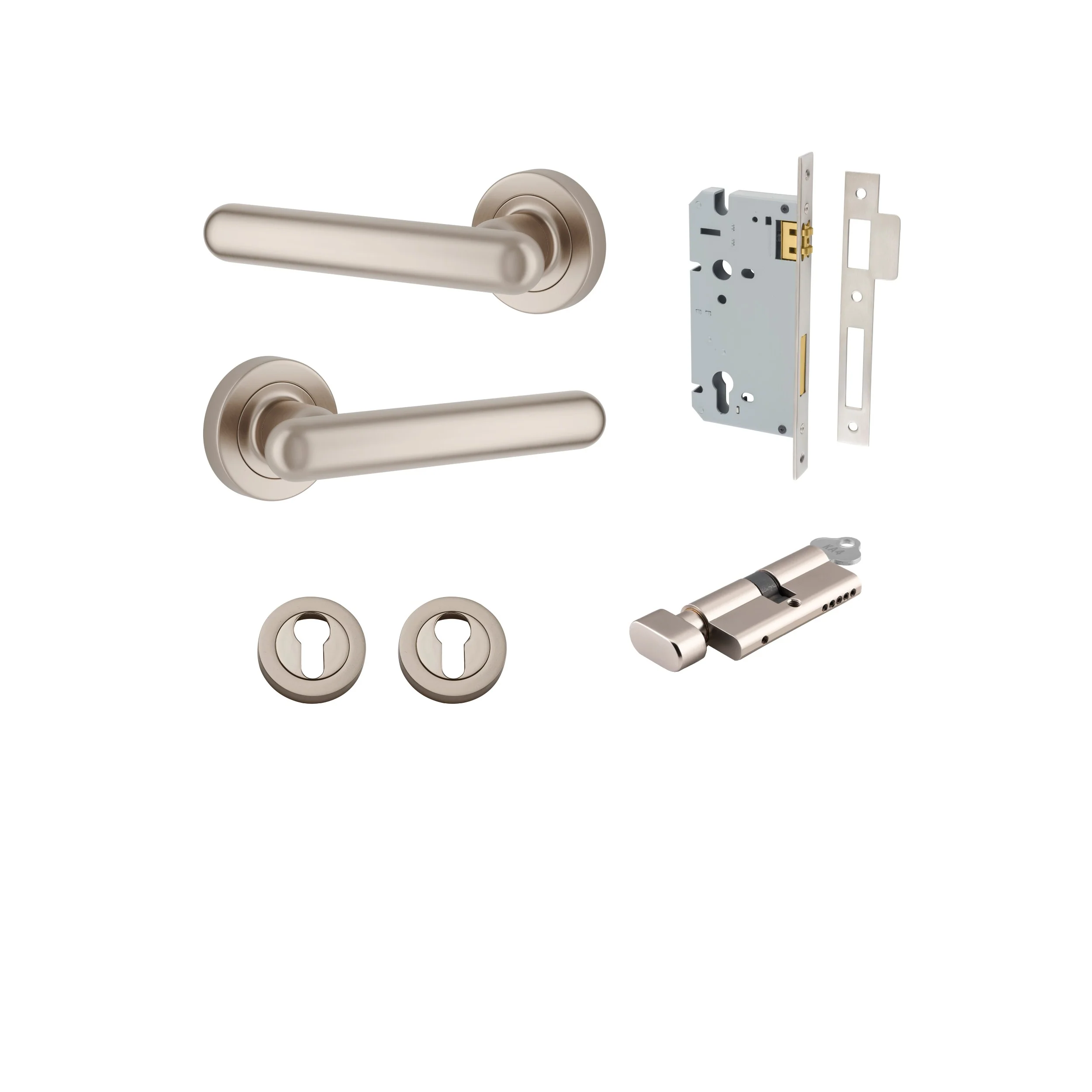 Iver Door Handle Puerto Rose Round Satin Nickel Key / Thumb Entrance Kit