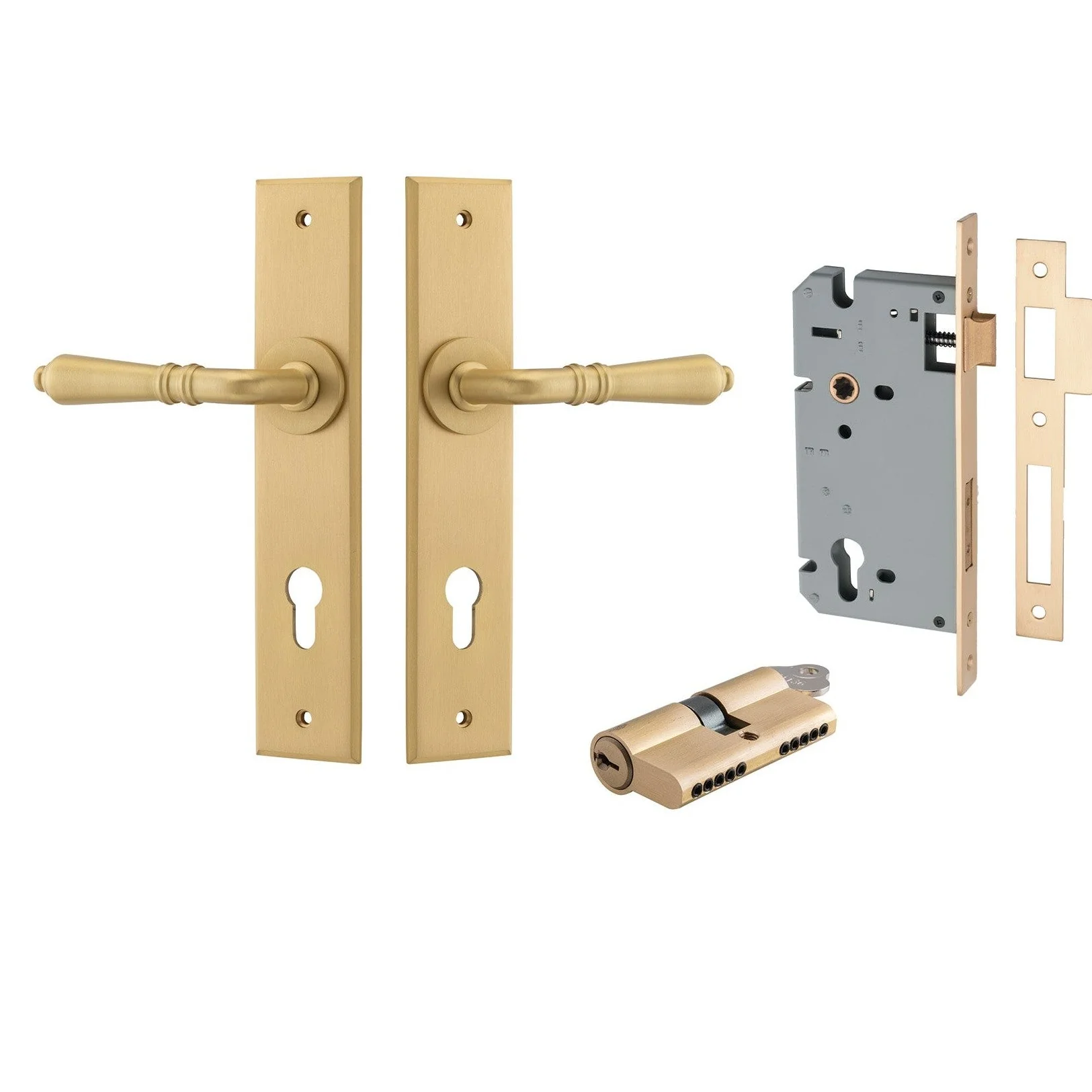 Iver Door Handle Sarlat Chamfered Key/Key Brushed Brass Entrance Kit