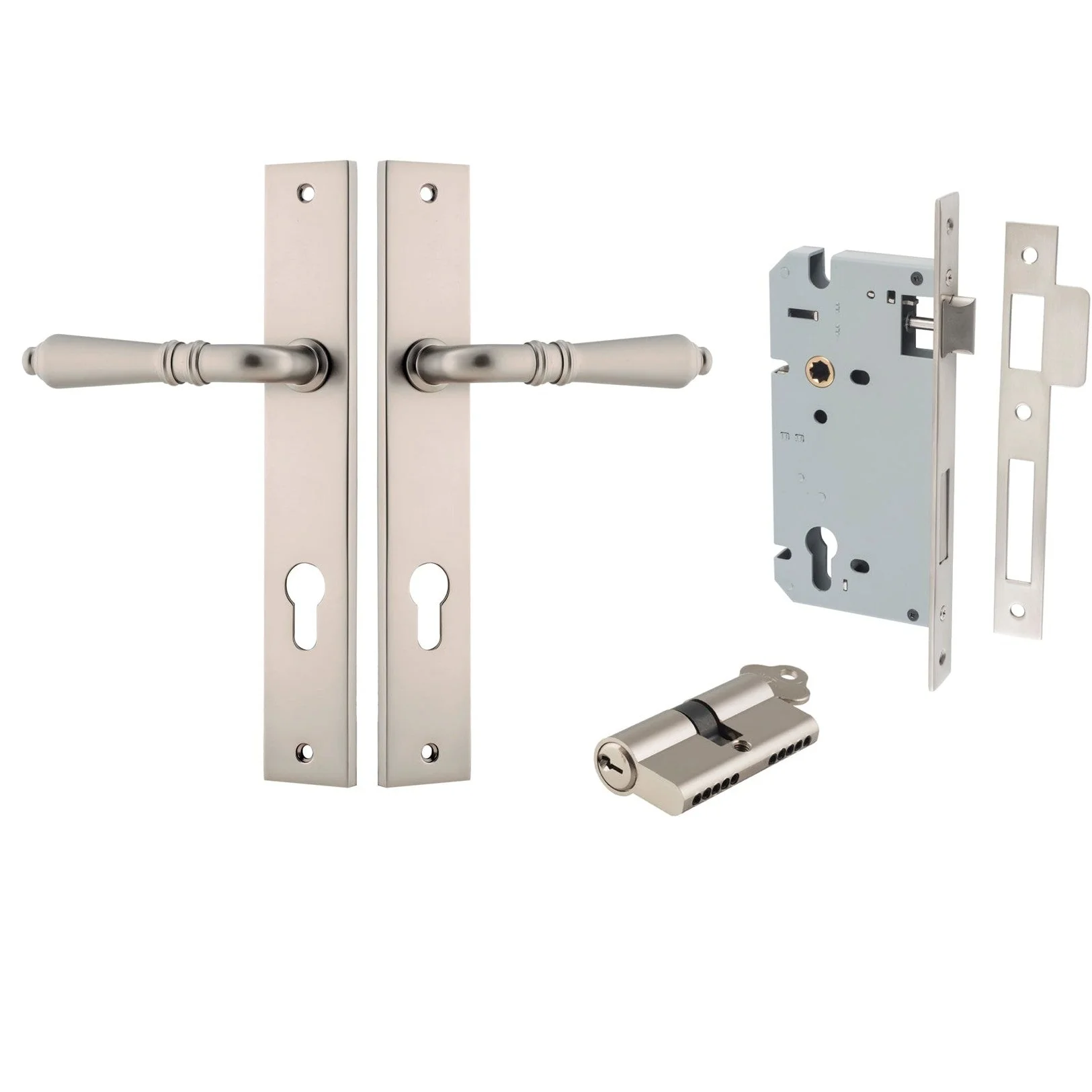 Iver Door Handle Sarlat Rectangular Euro Key/Key Satin Nickel Entrance Kit