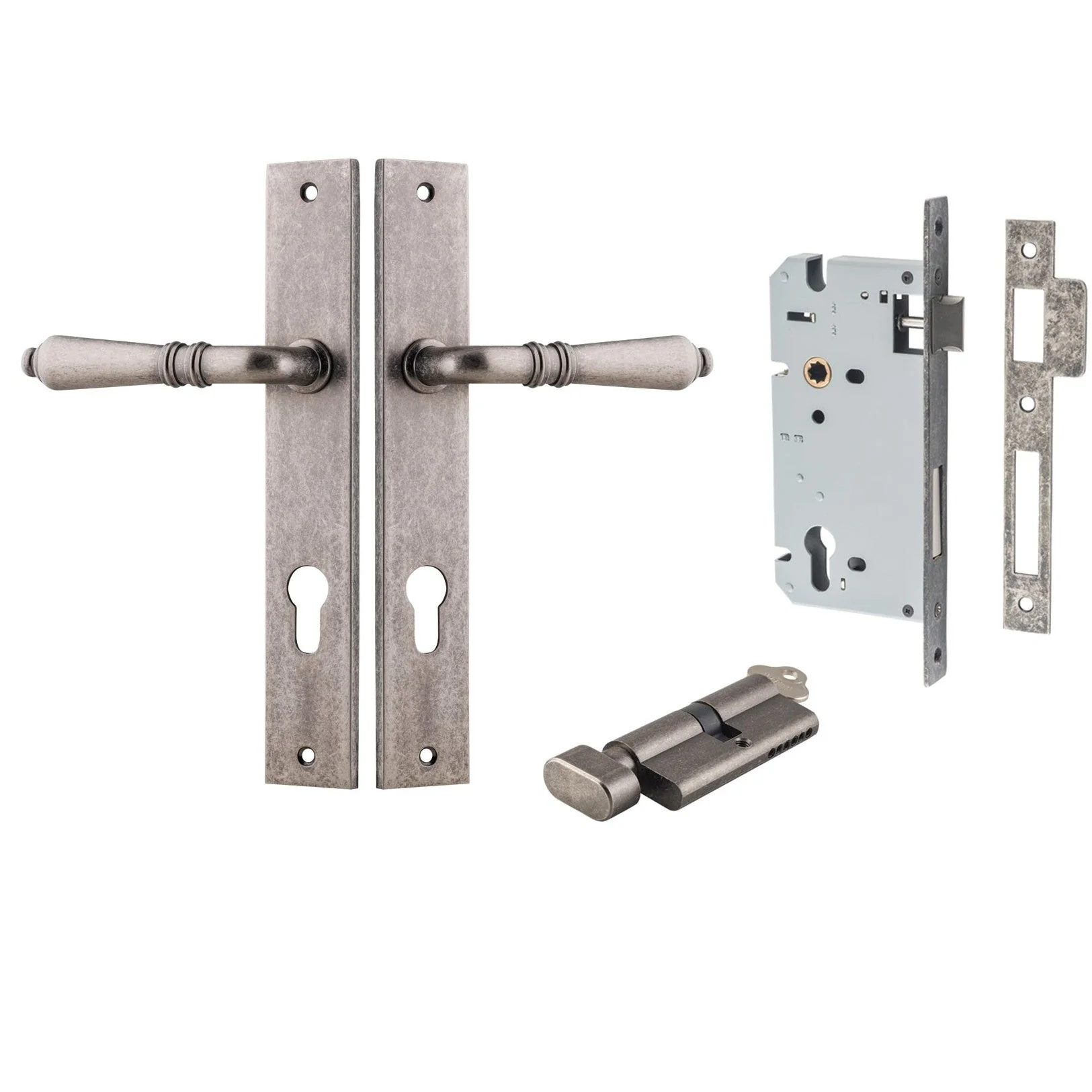 Iver Door Handle Sarlat Rectangular Euro Key/Thumb Distressed Nickel Entrance Kit