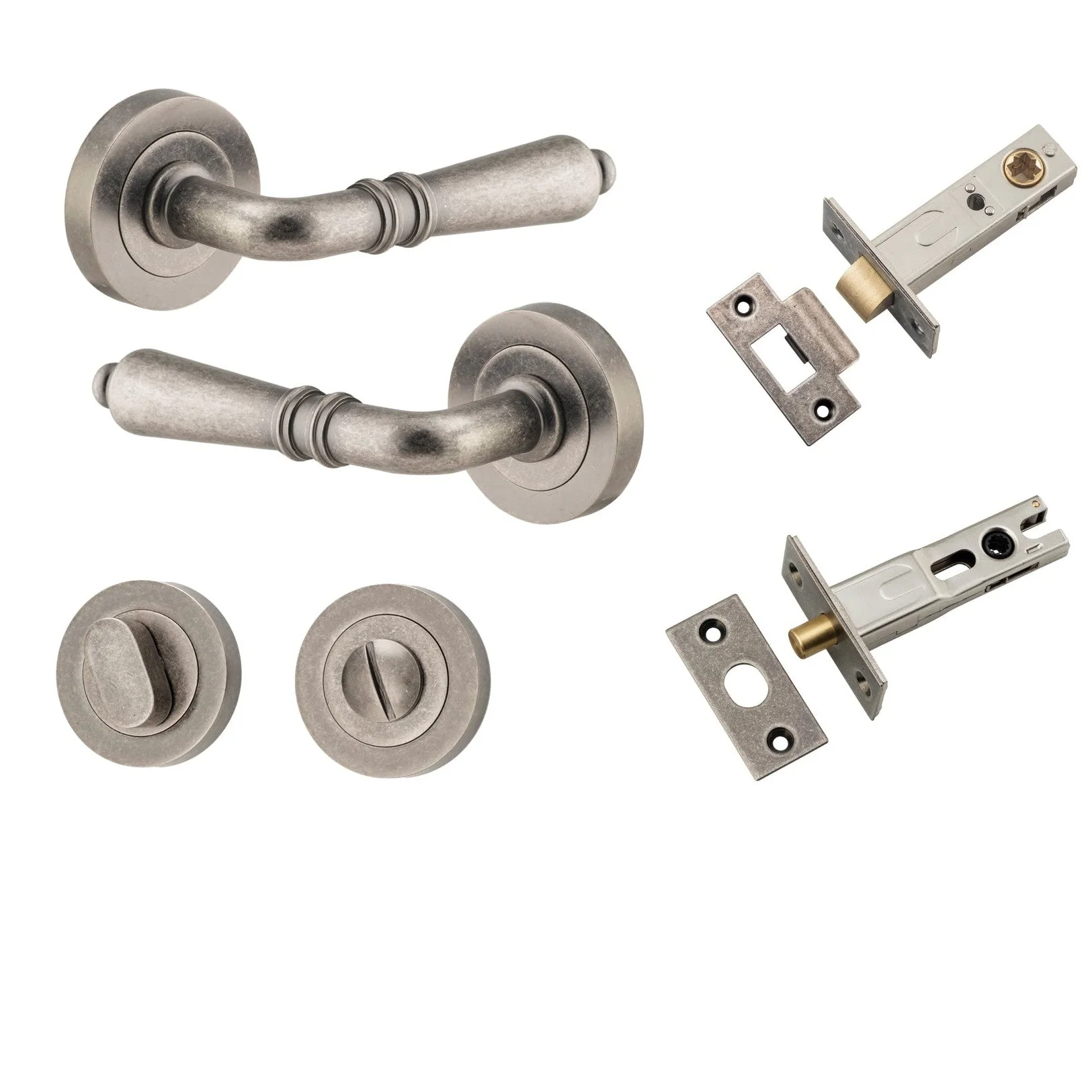 Iver Door Handle Sarlat Round Rose Pair Distressed Nickel Privacy Kit