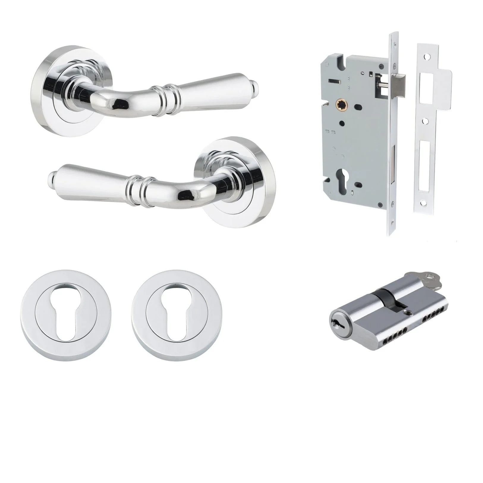 Iver Door Handle Sarlat Round Rose Pair Key/Key Polished Chrome Entrance Kit